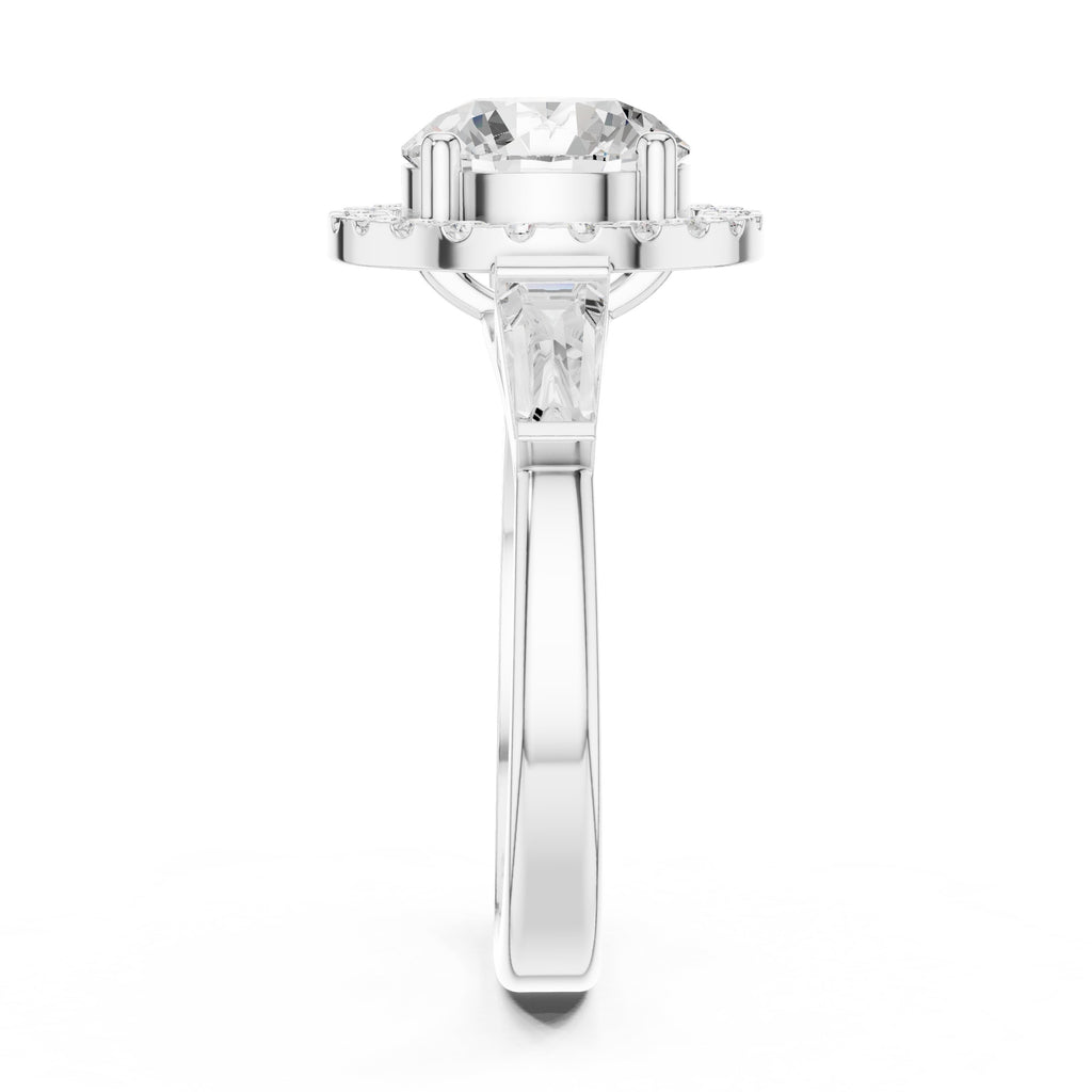 Round Diamond Halo Three Stone Engagement Ring with Baguette Sides