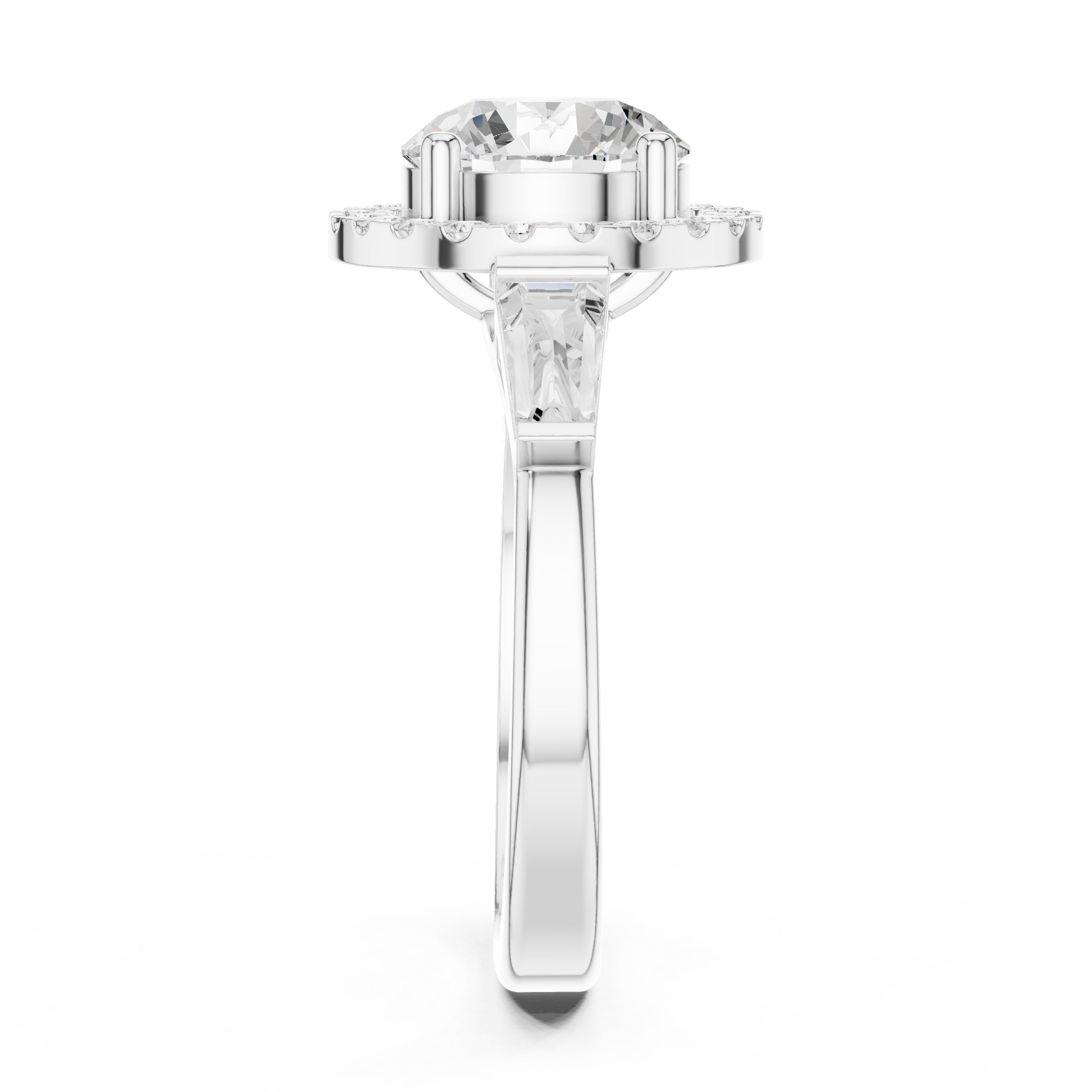 Round Diamond Halo Three Stone Engagement Ring with Baguette Sides