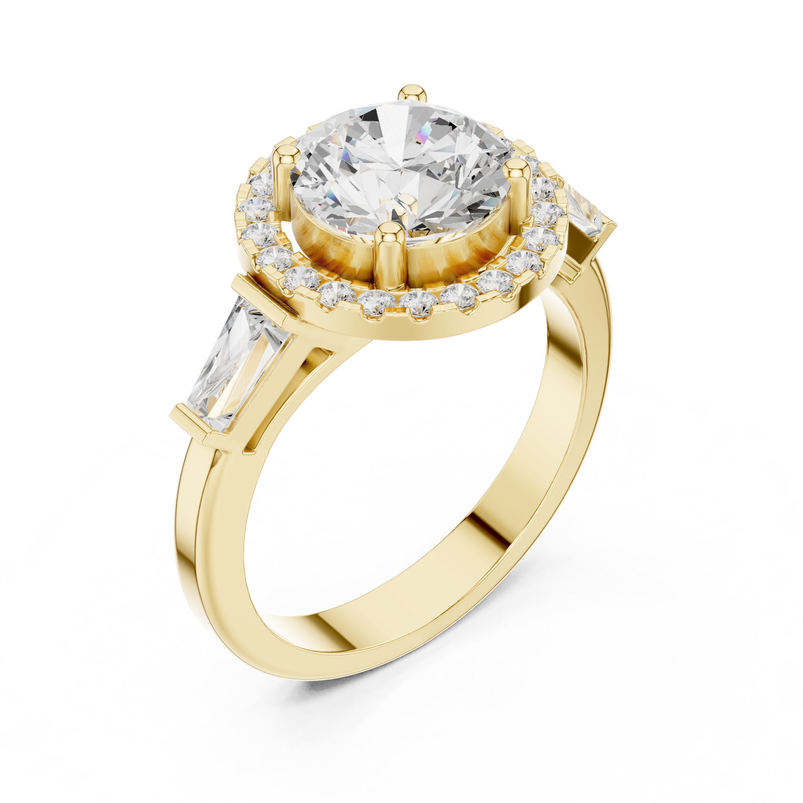 Round Diamond Halo Three Stone Engagement Ring with Baguette Sides in Yellow Gold - VYKA Diamonds