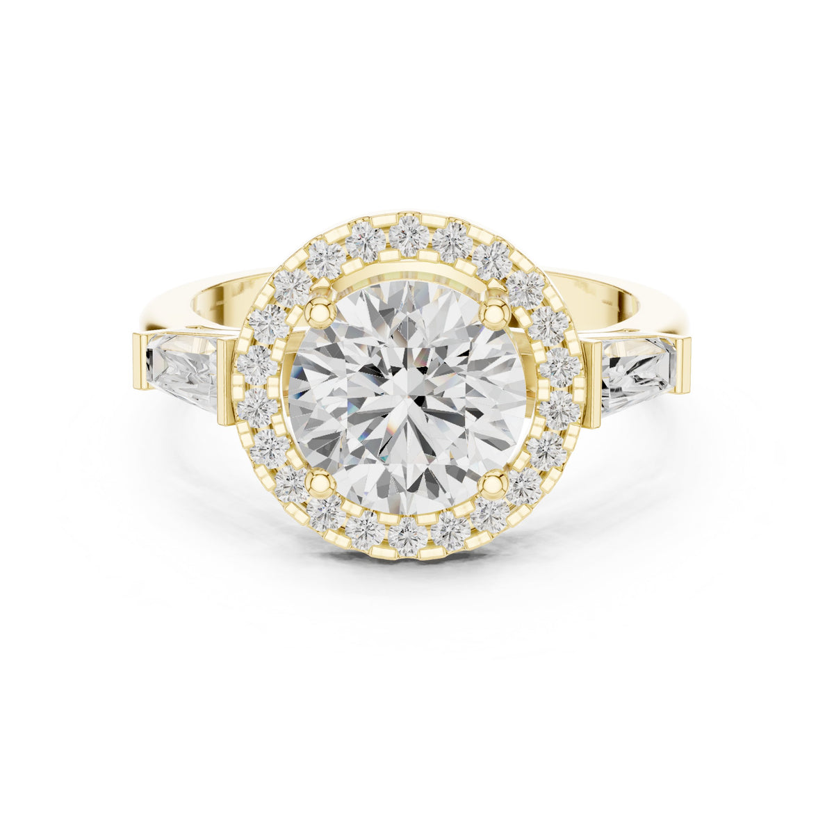 Round Diamond Halo Three Stone Engagement Ring with Baguette Sides