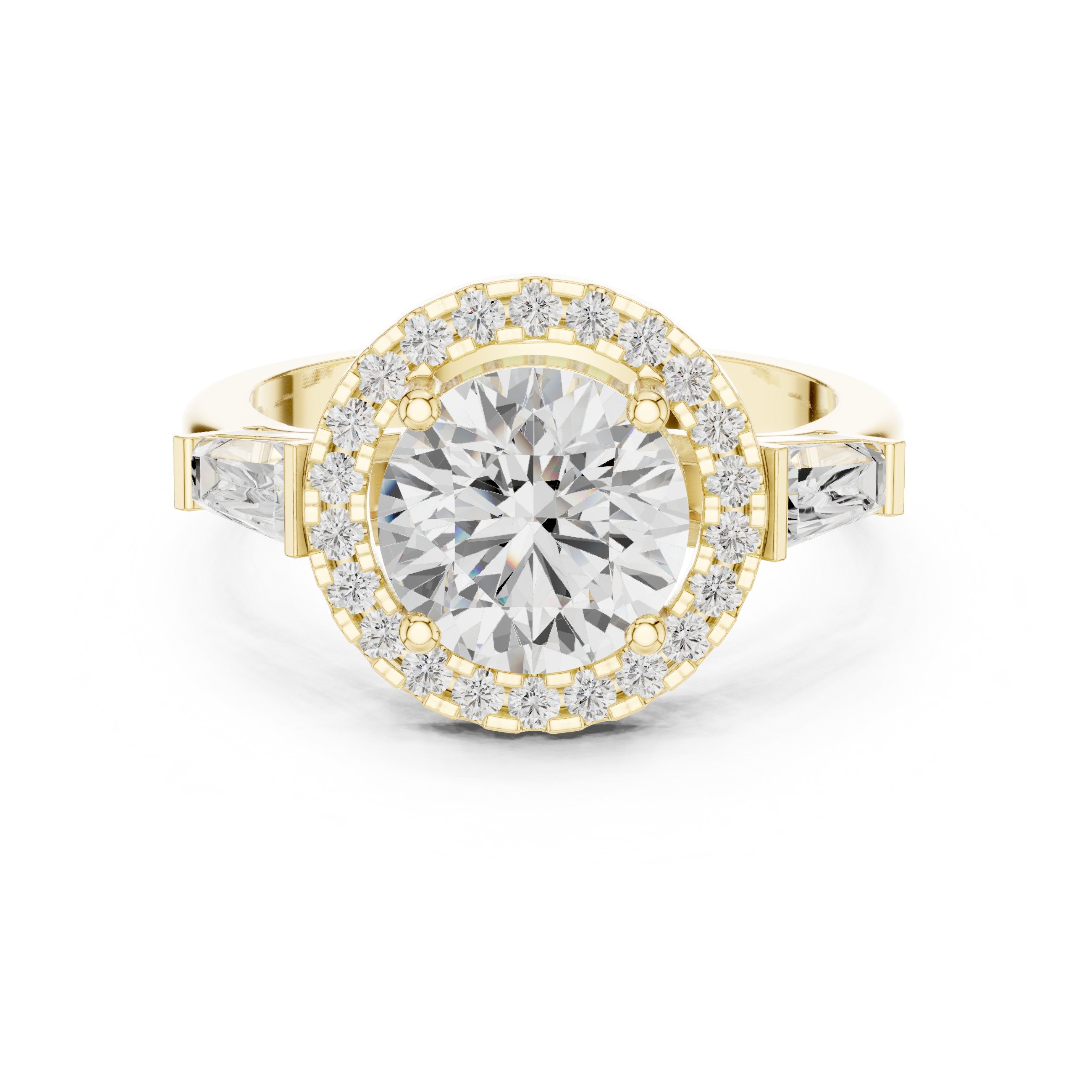 Round Diamond Halo Three Stone Engagement Ring with Baguette Sides in Yellow Gold - VYKA Diamonds