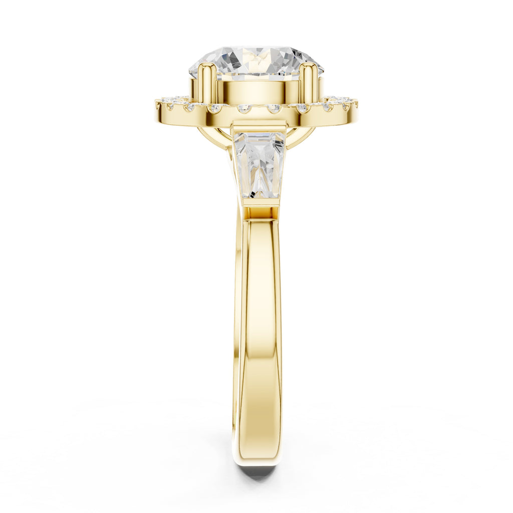 Round Diamond Halo Three Stone Engagement Ring with Baguette Sides