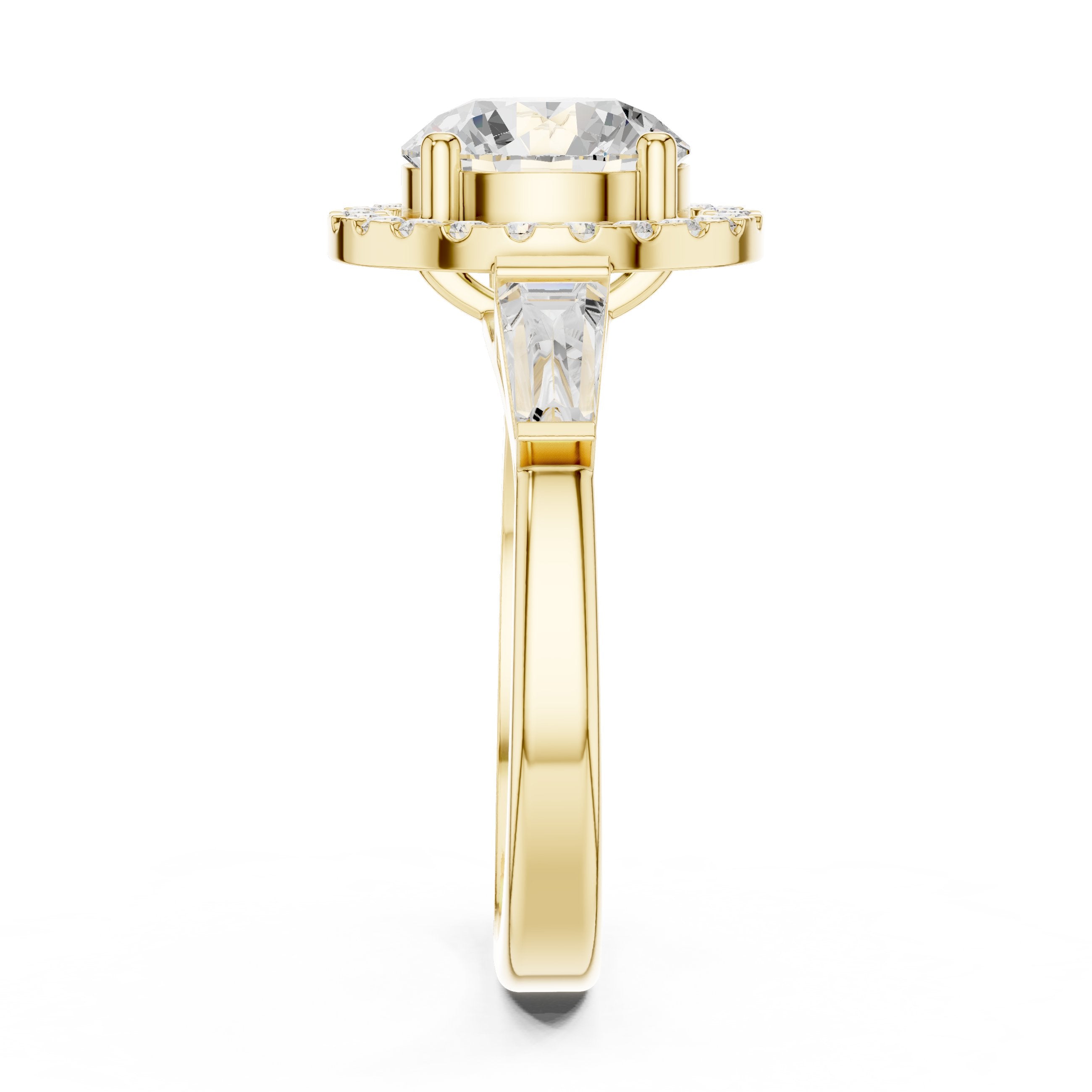 Round Diamond Halo Three Stone Engagement Ring with Baguette Sides