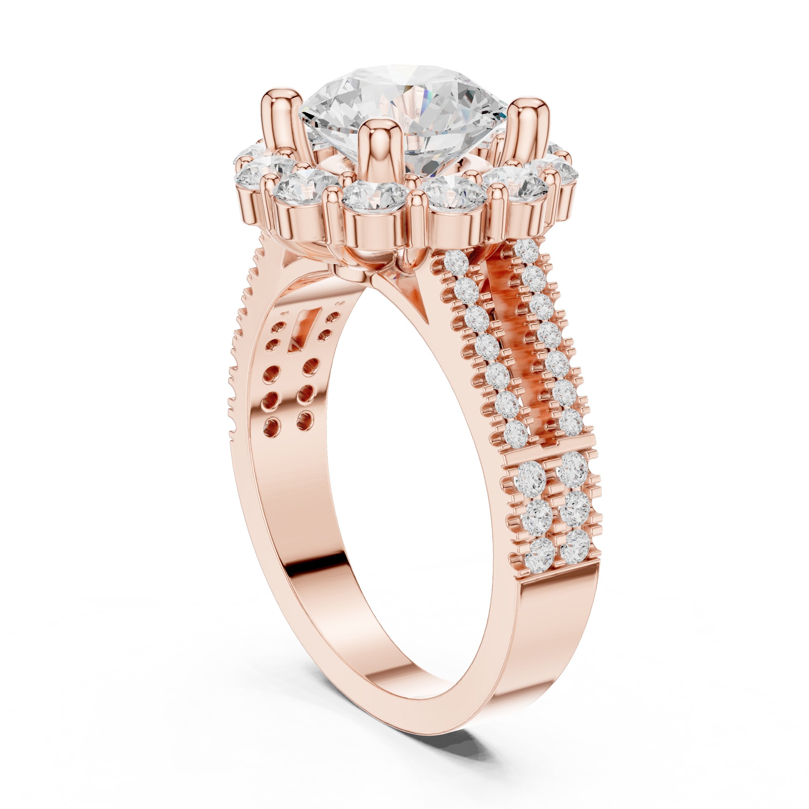 Round Diamond Floral Halo Engagement Ring with Split Shank Pavé Band in Rose Gold - VYKA Diamonds