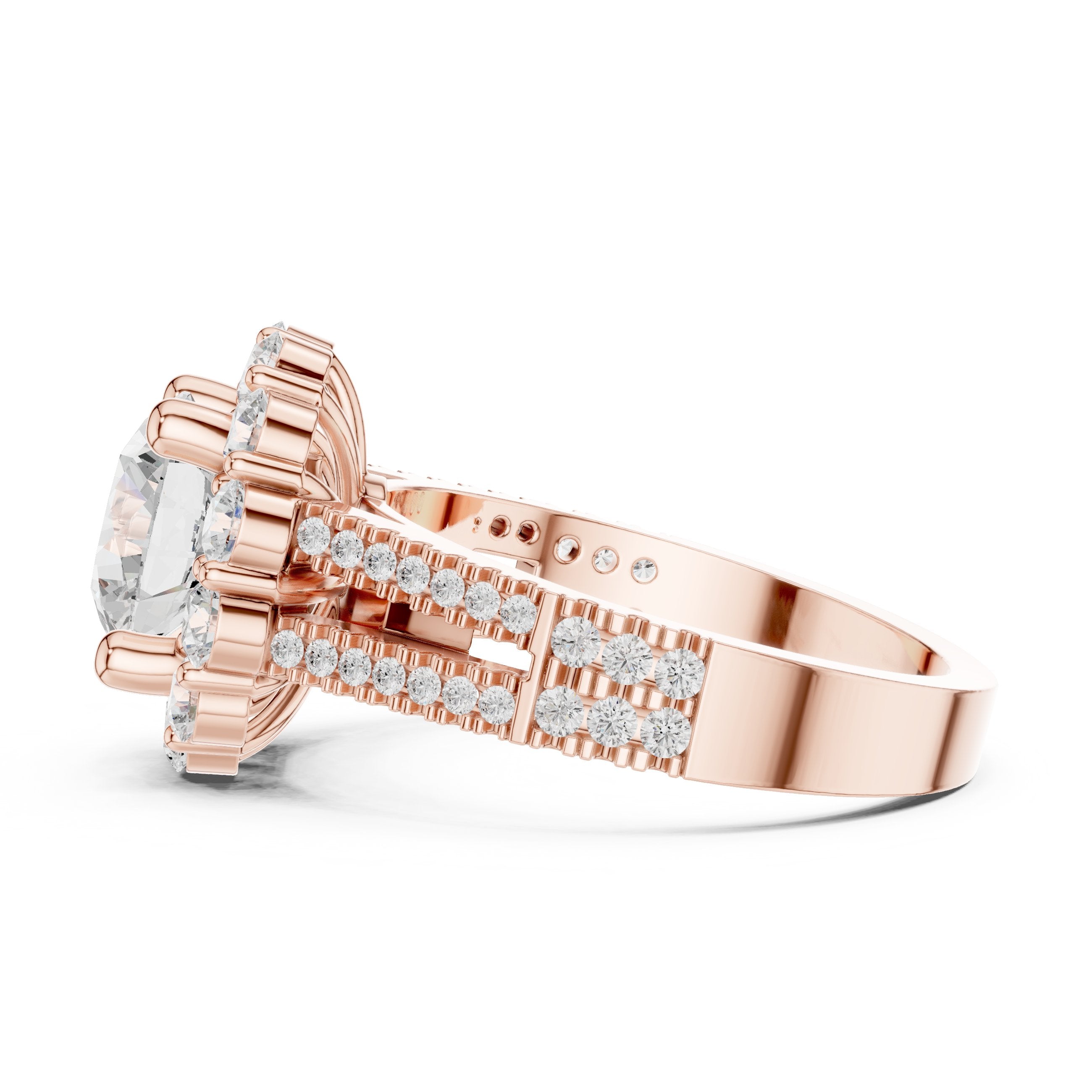 Round Diamond Floral Halo Engagement Ring with Split Shank Pavé Band in Rose Gold - VYKA Diamonds