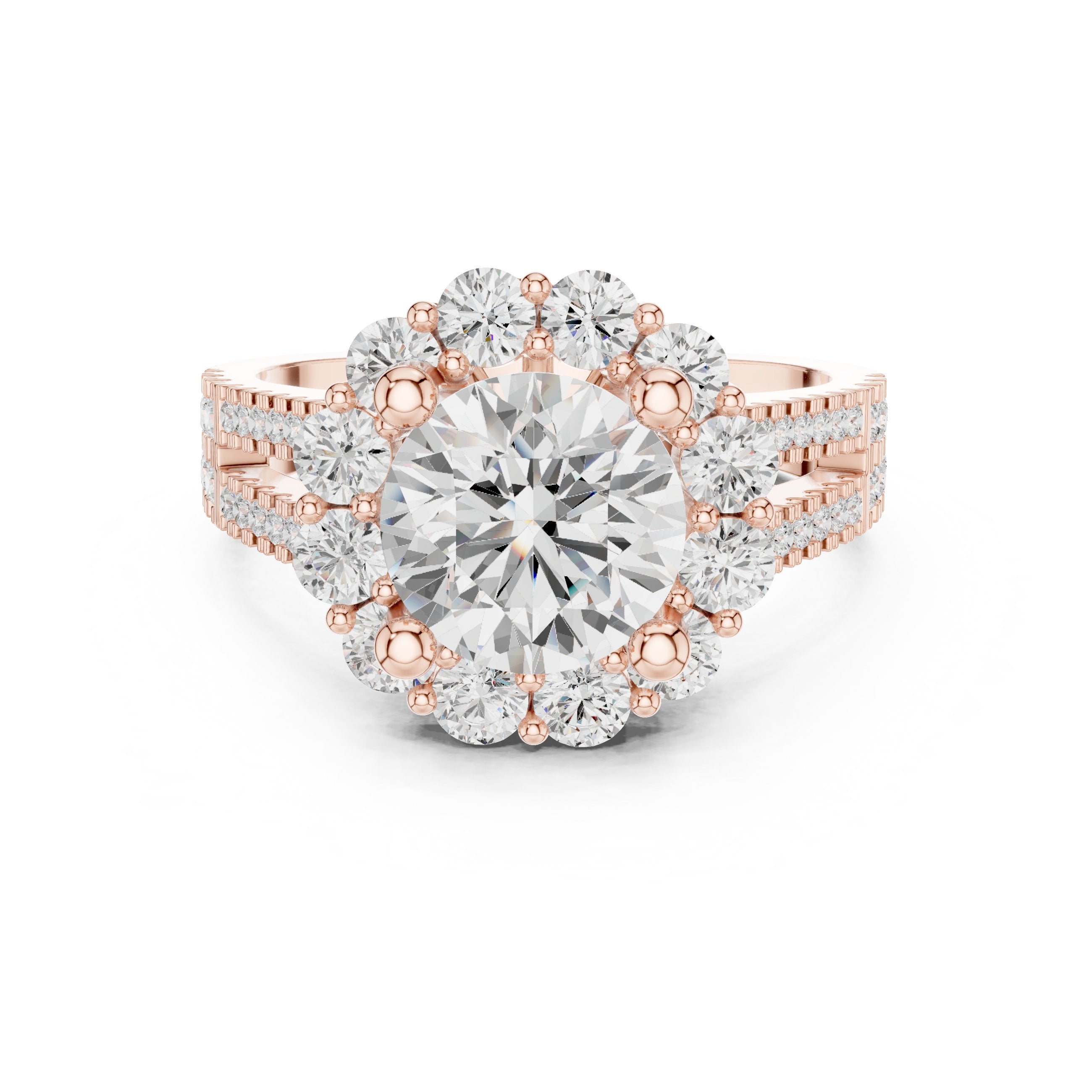 Round Diamond Floral Halo Engagement Ring with Split Shank Pavé Band in Rose Gold - VYKA Diamonds
