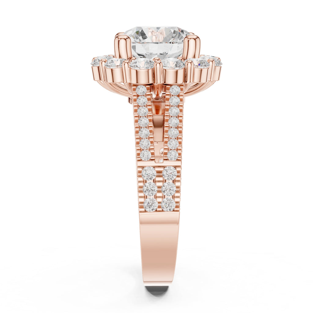 Round Diamond Floral Halo Engagement Ring with Split Shank Pavé Band