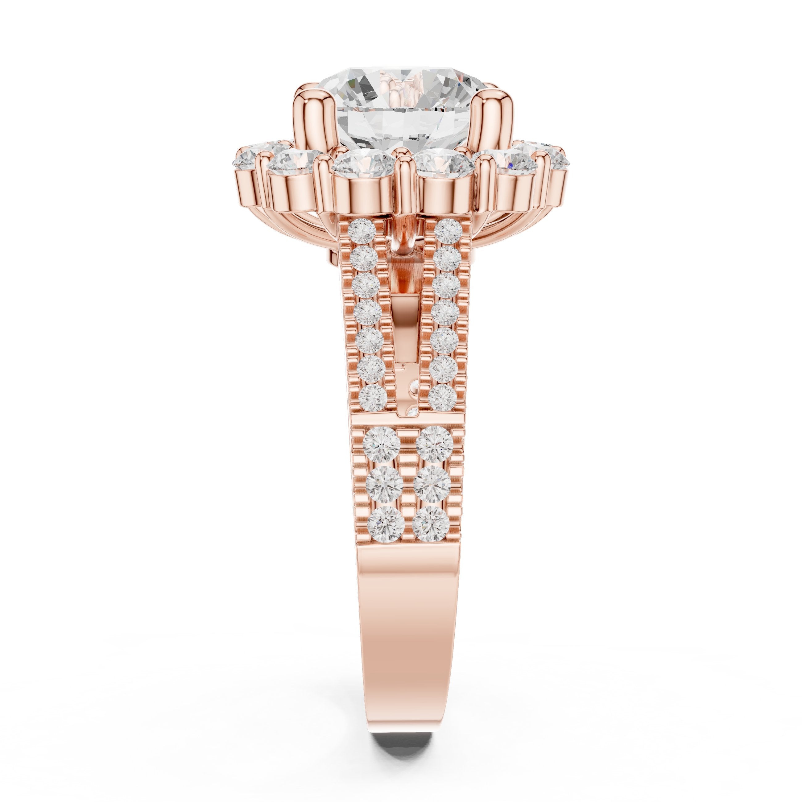 Round Diamond Floral Halo Engagement Ring with Split Shank Pavé Band