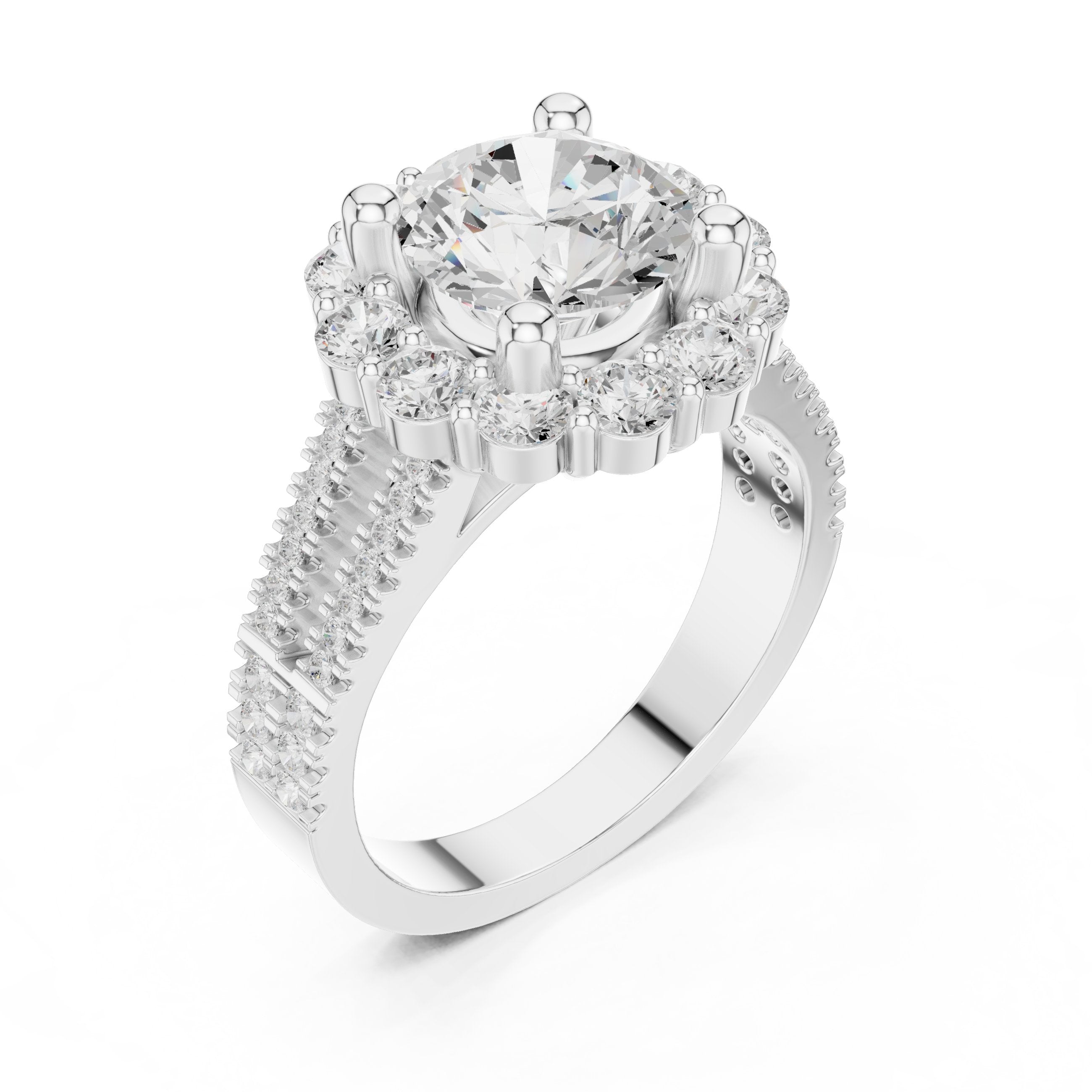Round Diamond Floral Halo Engagement Ring with Split Shank Pavé Band in White Gold - VYKA Diamonds
