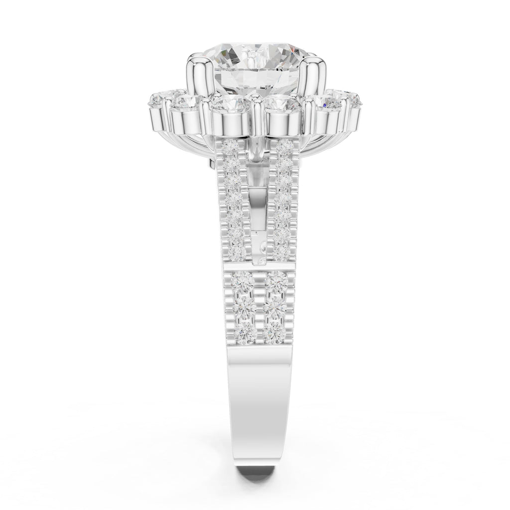 Round Diamond Floral Halo Engagement Ring with Split Shank Pavé Band
