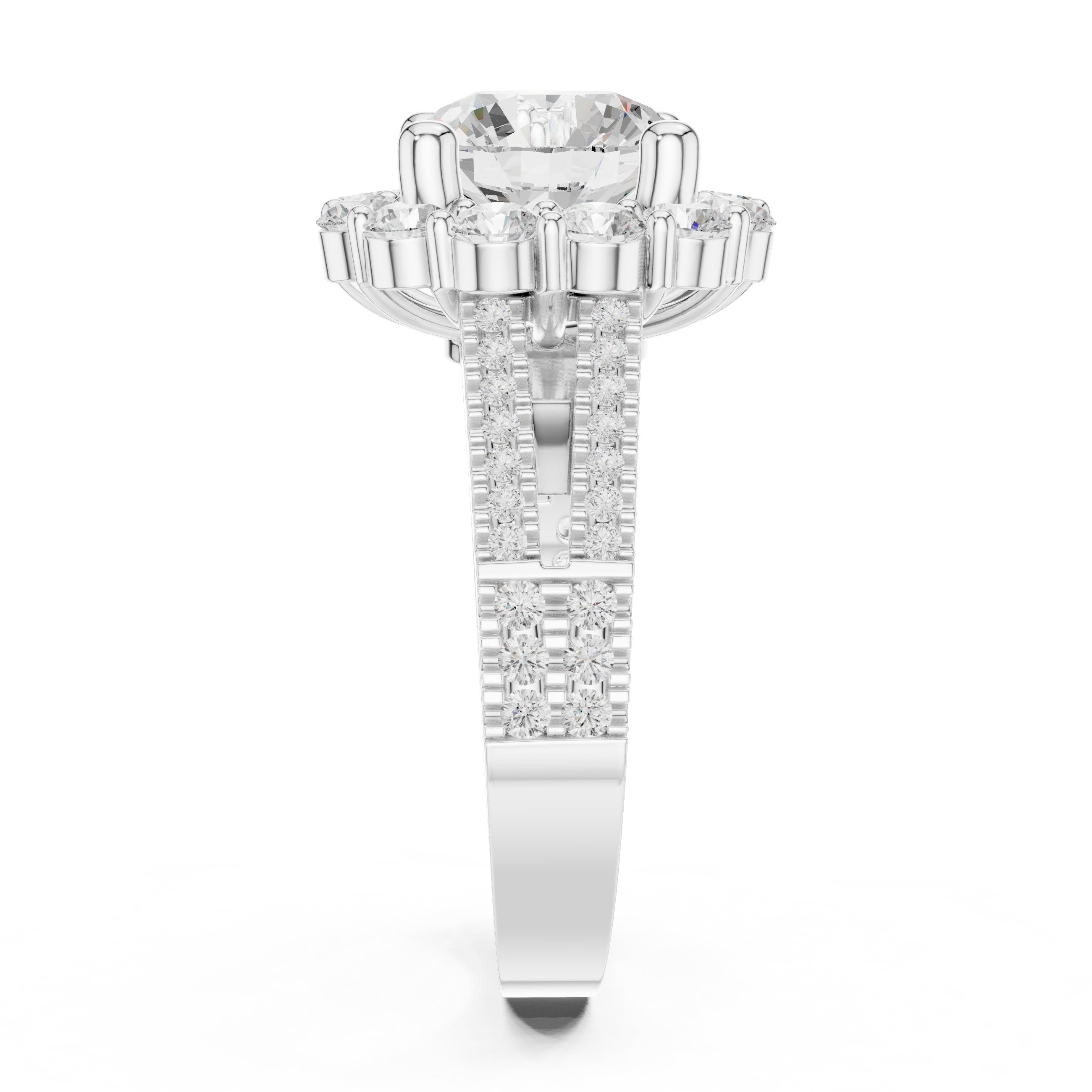 Round Diamond Floral Halo Engagement Ring with Split Shank Pavé Band