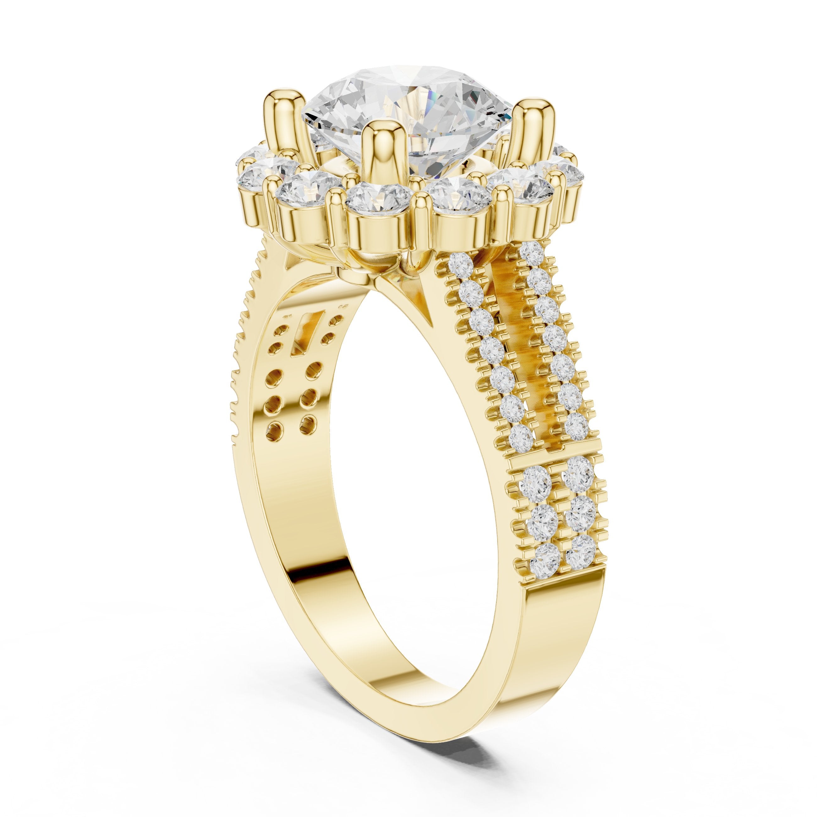 Round Diamond Floral Halo Engagement Ring with Split Shank Pavé Band in Yellow Gold - VYKA Diamonds