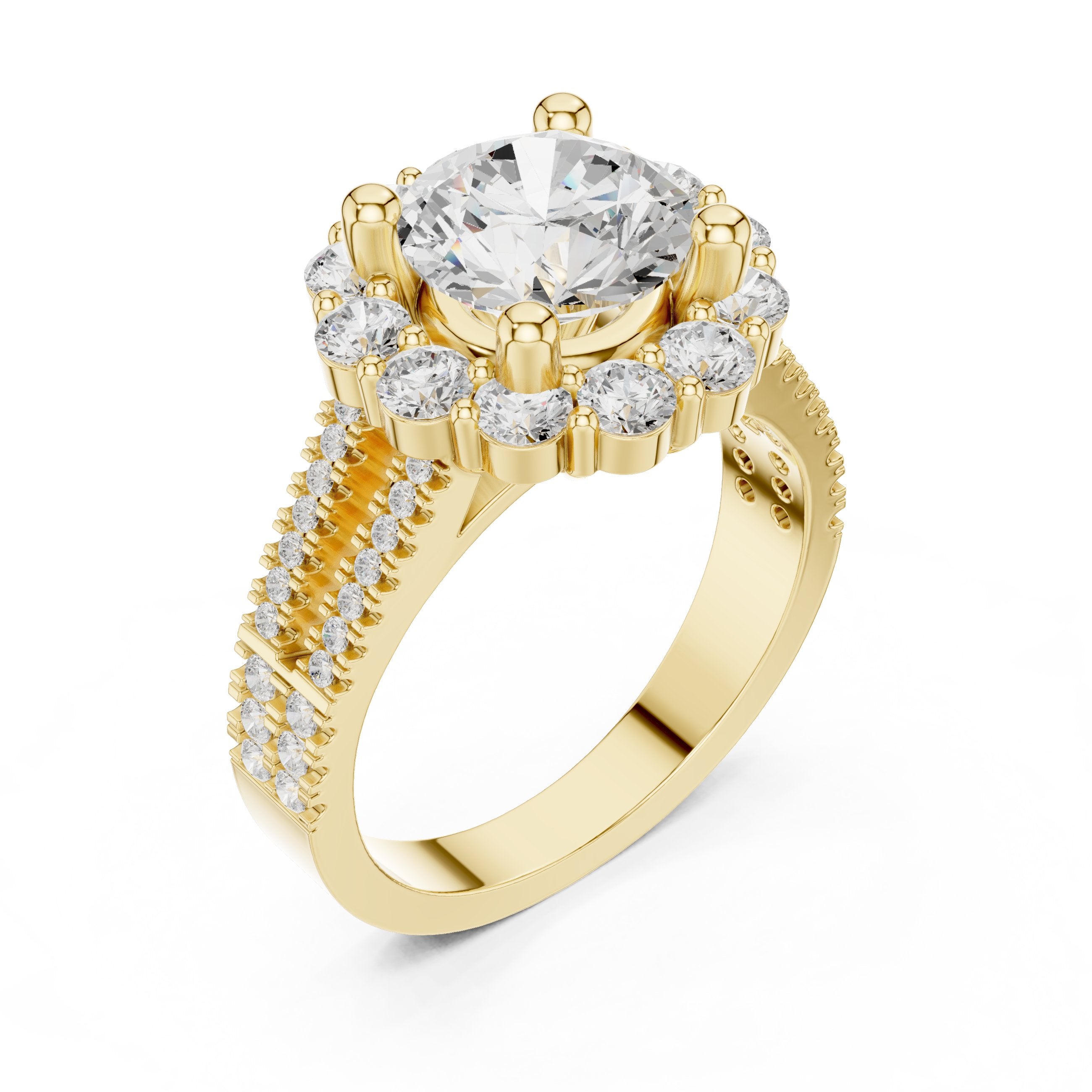 Round Diamond Floral Halo Engagement Ring with Split Shank Pavé Band in Yellow Gold - VYKA Diamonds