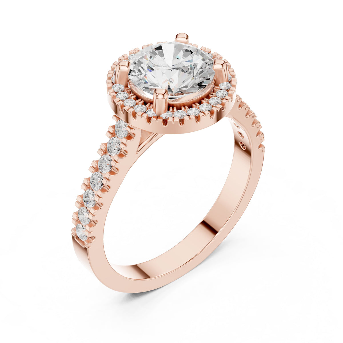 Round Diamond Halo Engagement Ring with Vintage Milgrain Pavé Band