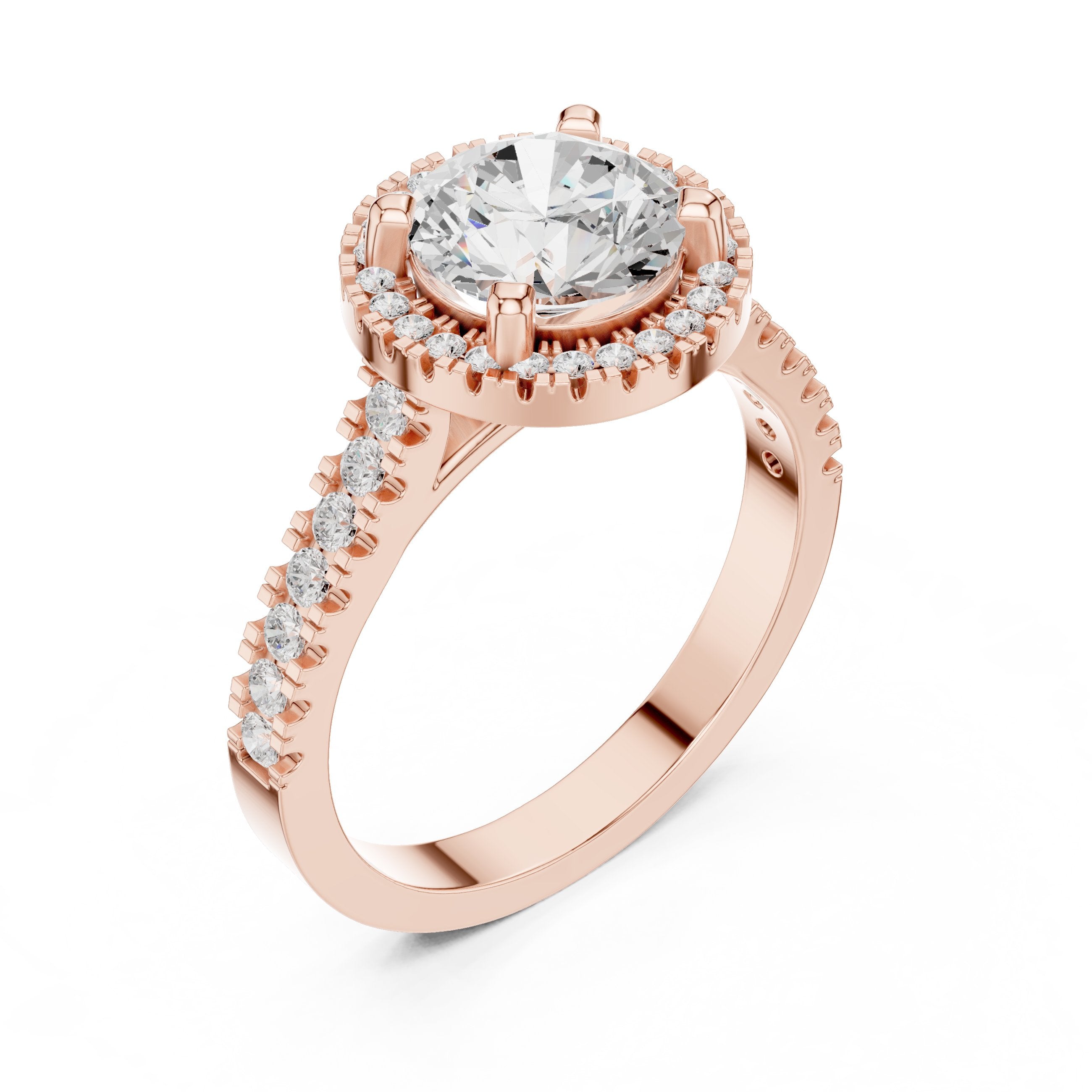 Round Diamond Halo Engagement Ring with Vintage Milgrain Pavé Band in Rose Gold - VYKA Diamonds