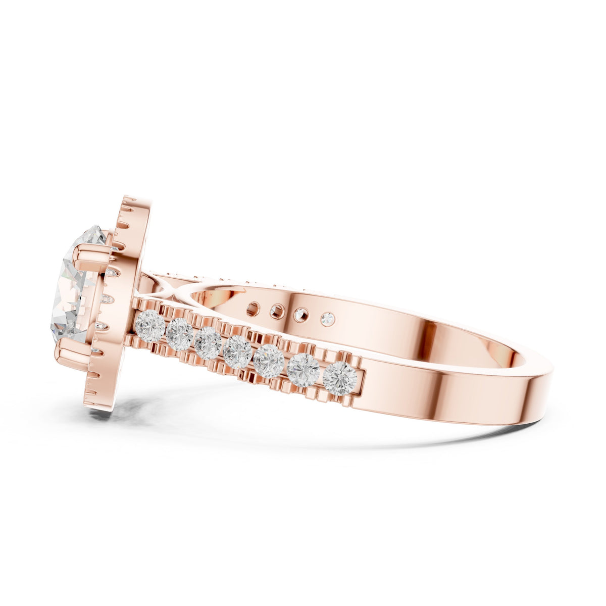 Round Diamond Halo Engagement Ring with Vintage Milgrain Pavé Band