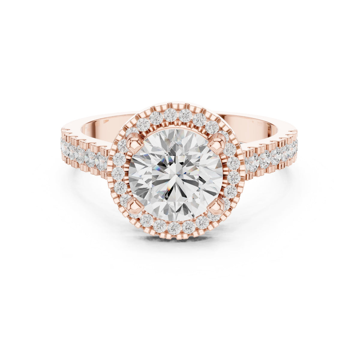 Round Diamond Halo Engagement Ring with Vintage Milgrain Pavé Band