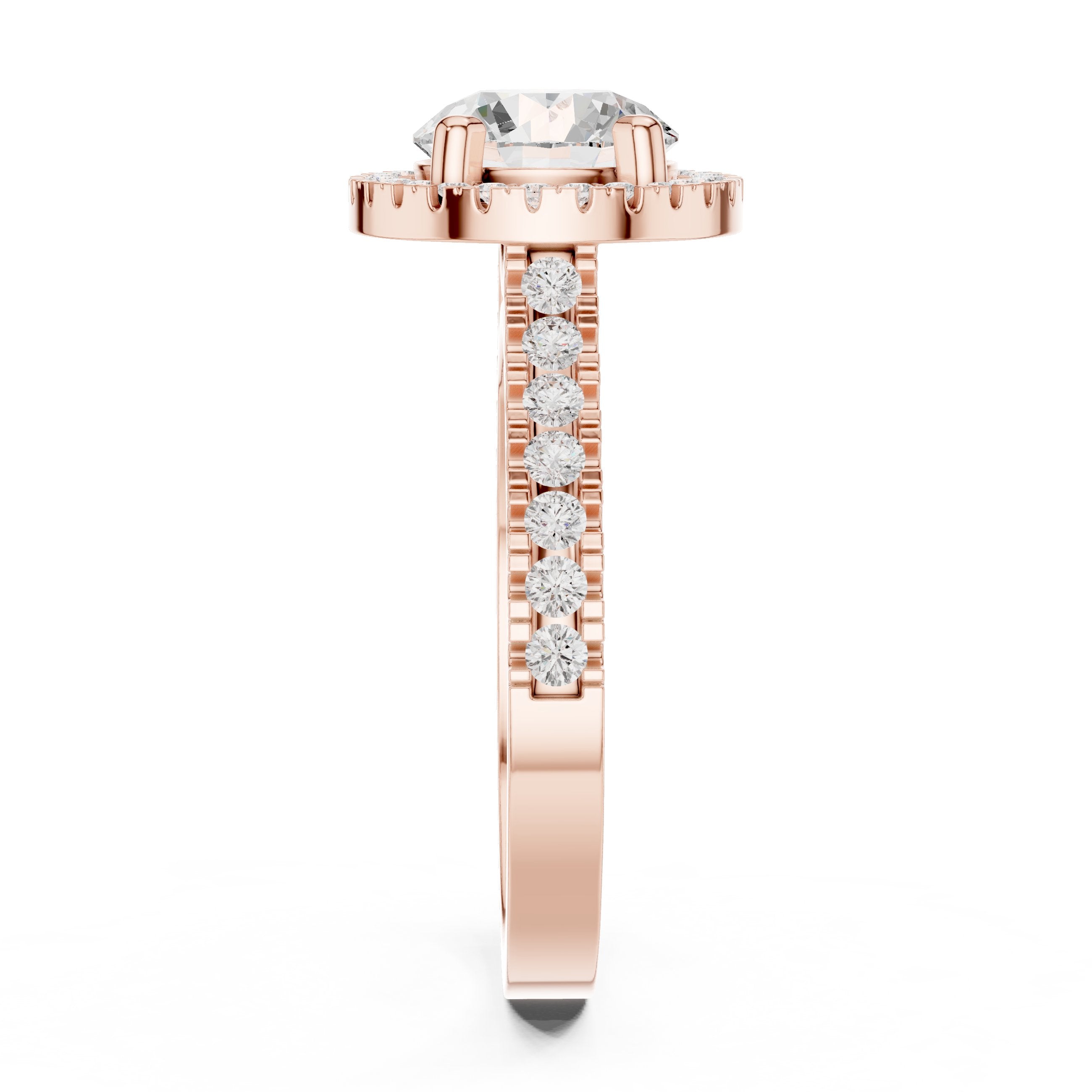 Round Diamond Halo Engagement Ring with Vintage Milgrain Pavé Band