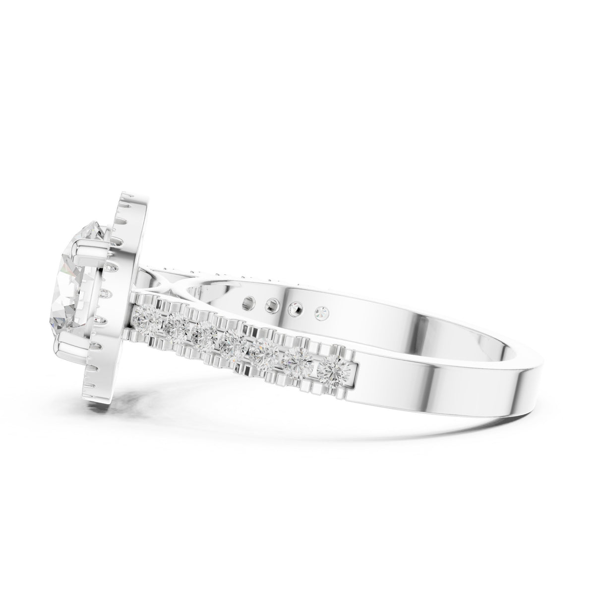 Round Diamond Halo Engagement Ring with Vintage Milgrain Pavé Band