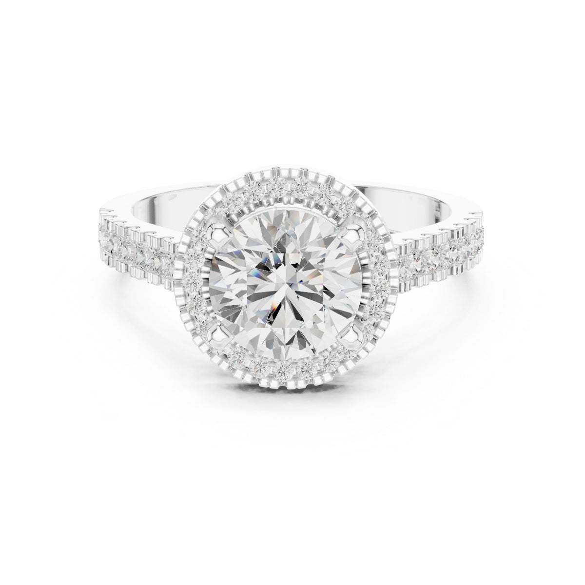 Round Diamond Halo Engagement Ring with Vintage Milgrain Pavé Band