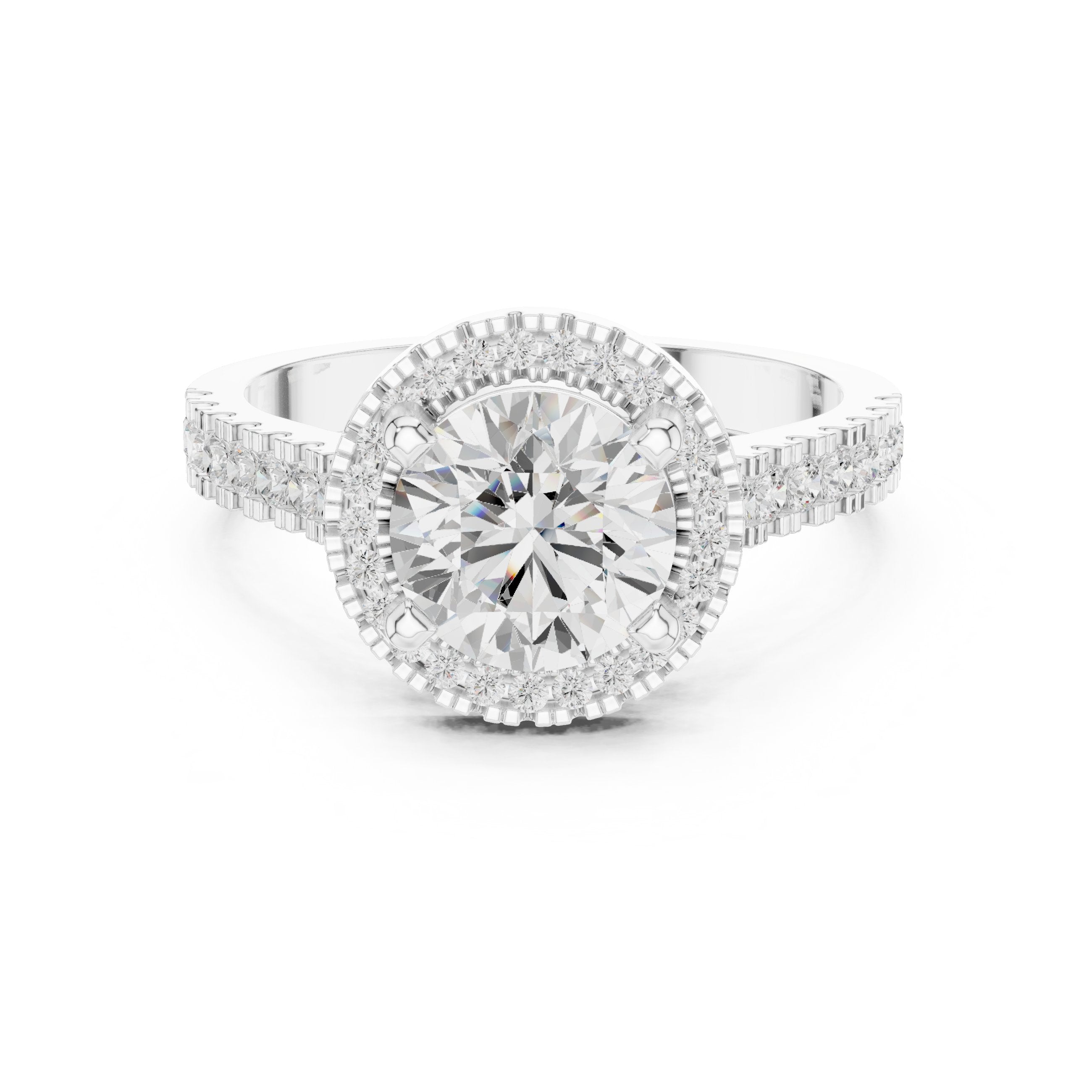 Round Diamond Halo Engagement Ring with Vintage Milgrain Pavé Band in White Gold - VYKA Diamonds