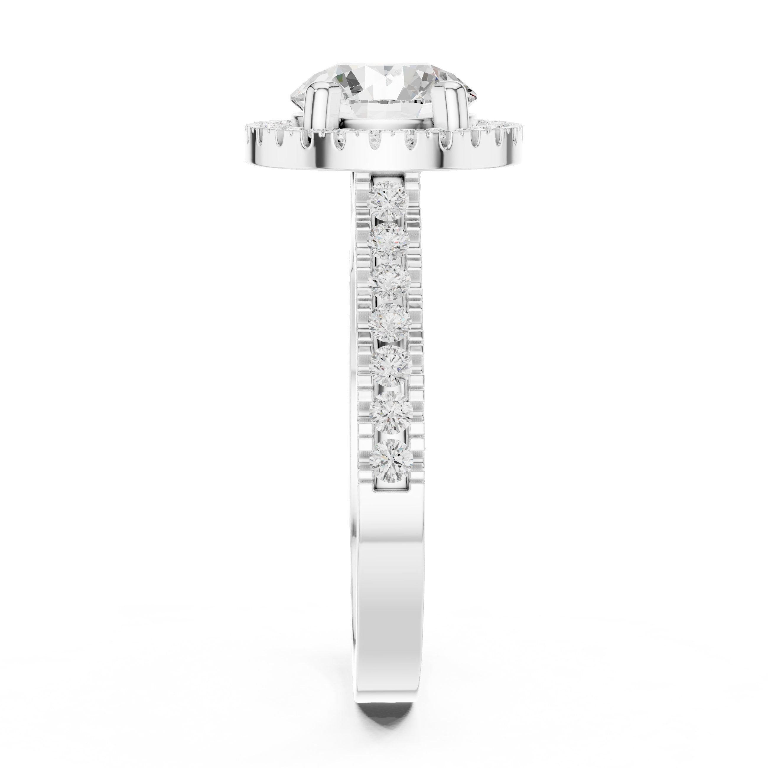 Round Diamond Halo Engagement Ring with Vintage Milgrain Pavé Band
