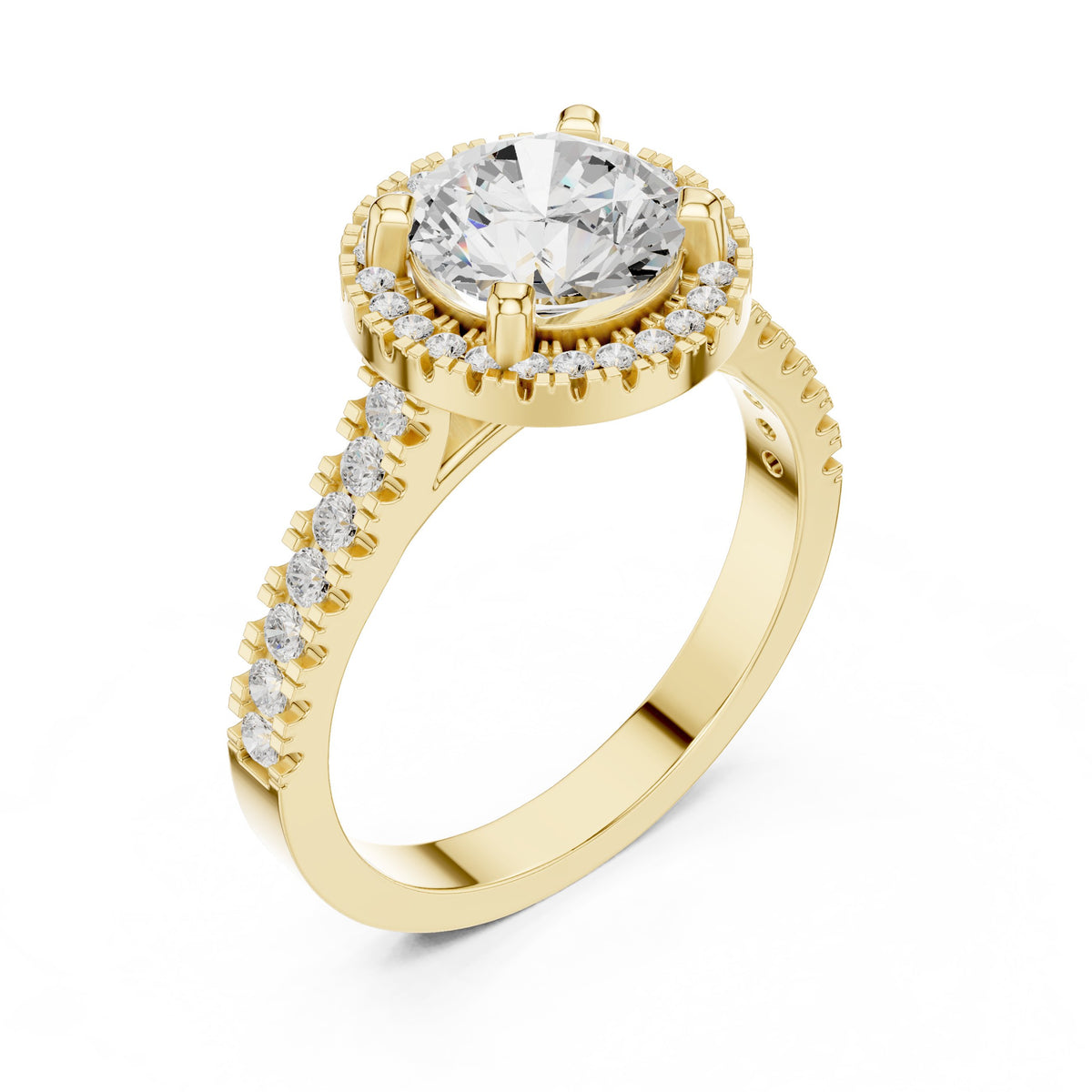Round Diamond Halo Engagement Ring with Vintage Milgrain Pavé Band