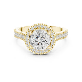 Round Diamond Halo Engagement Ring with Vintage Milgrain Pavé Band
