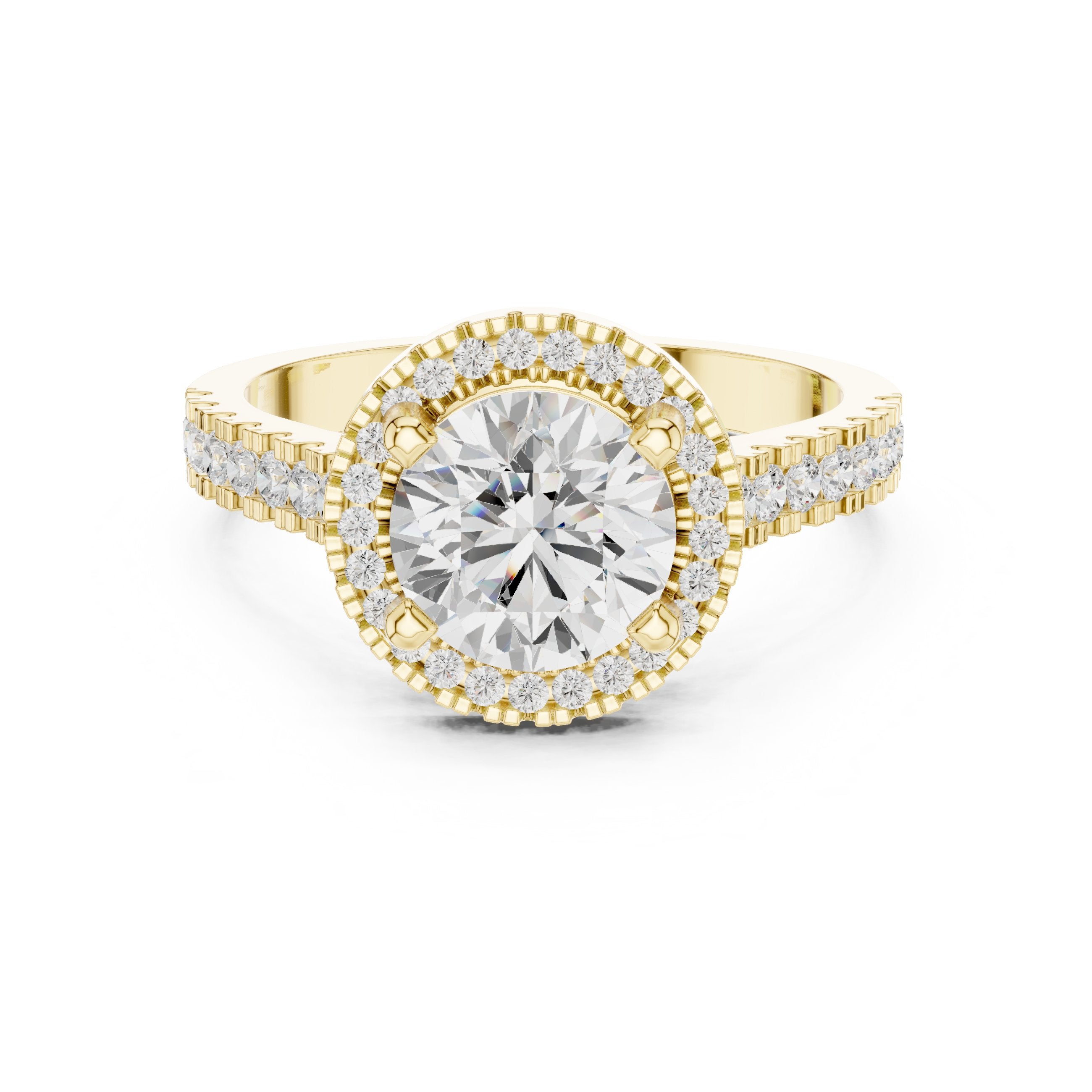 Round Diamond Halo Engagement Ring with Vintage Milgrain Pavé Band in Yellow Gold - VYKA Diamonds