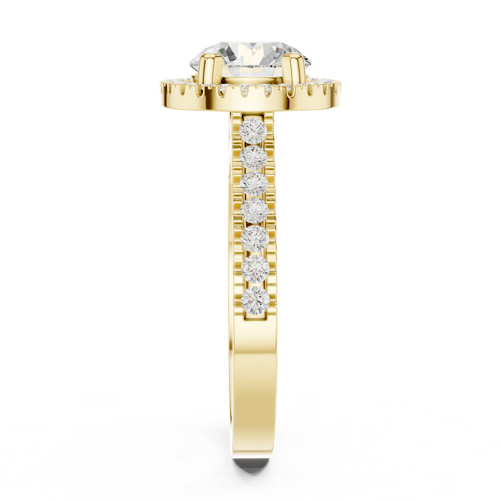 Round Diamond Halo Engagement Ring with Vintage Milgrain Pavé Band