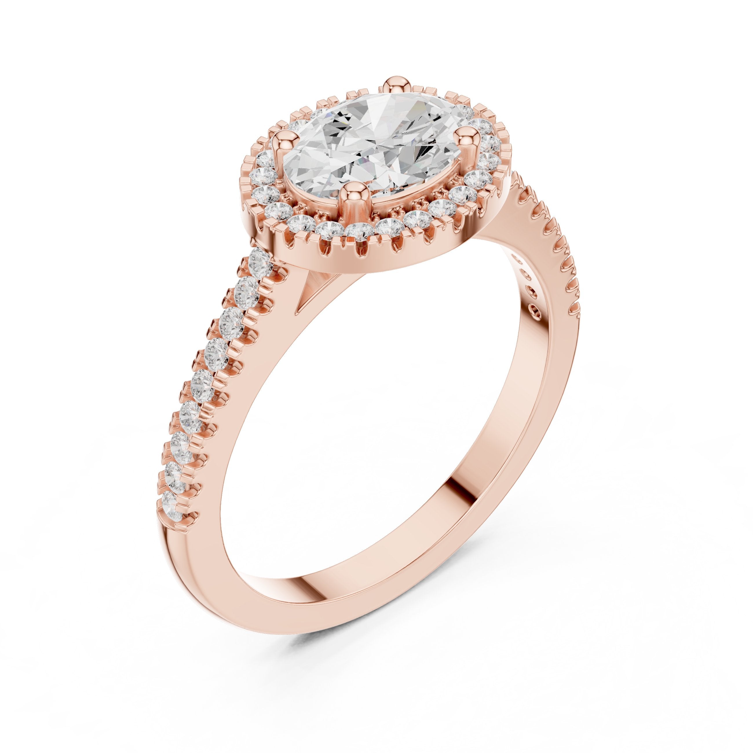 Oval Diamond Halo Engagement Ring with Milgrain Band in Rose Gold - VYKA Diamonds
