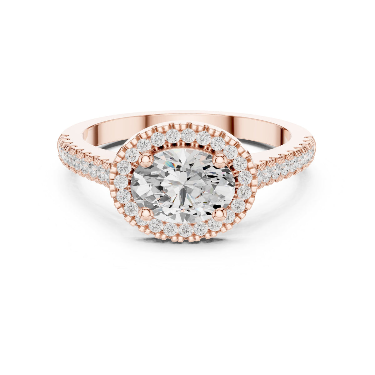Oval Diamond Halo Engagement Ring with Milgrain Band