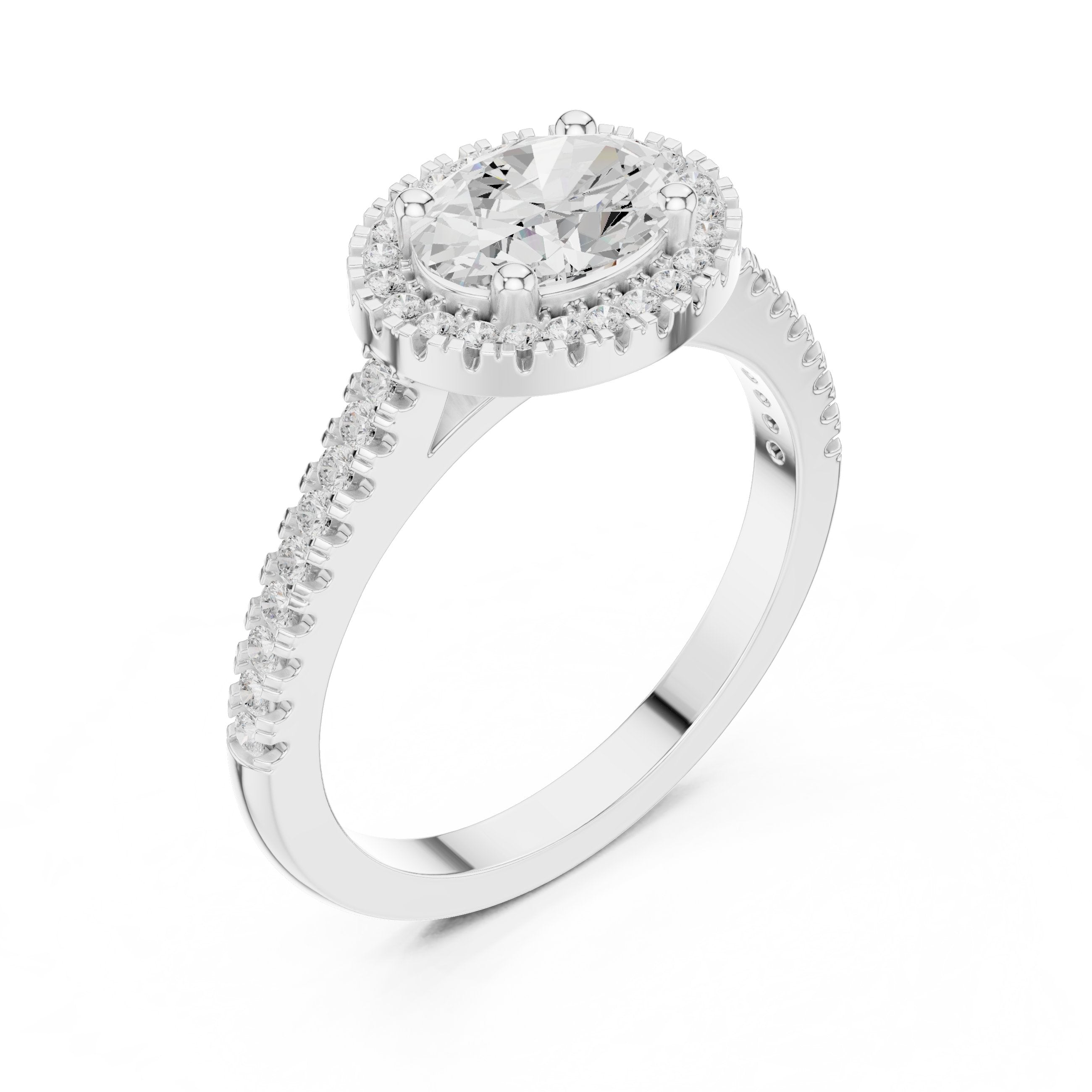 Oval Diamond Halo Engagement Ring with Milgrain Band in White Gold - VYKA Diamonds