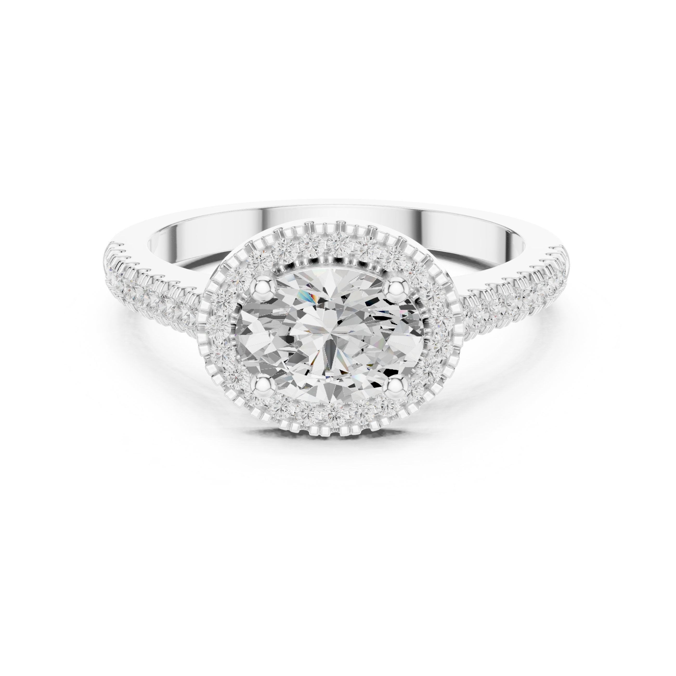 Oval Diamond Halo Engagement Ring with Milgrain Band in White Gold - VYKA Diamonds