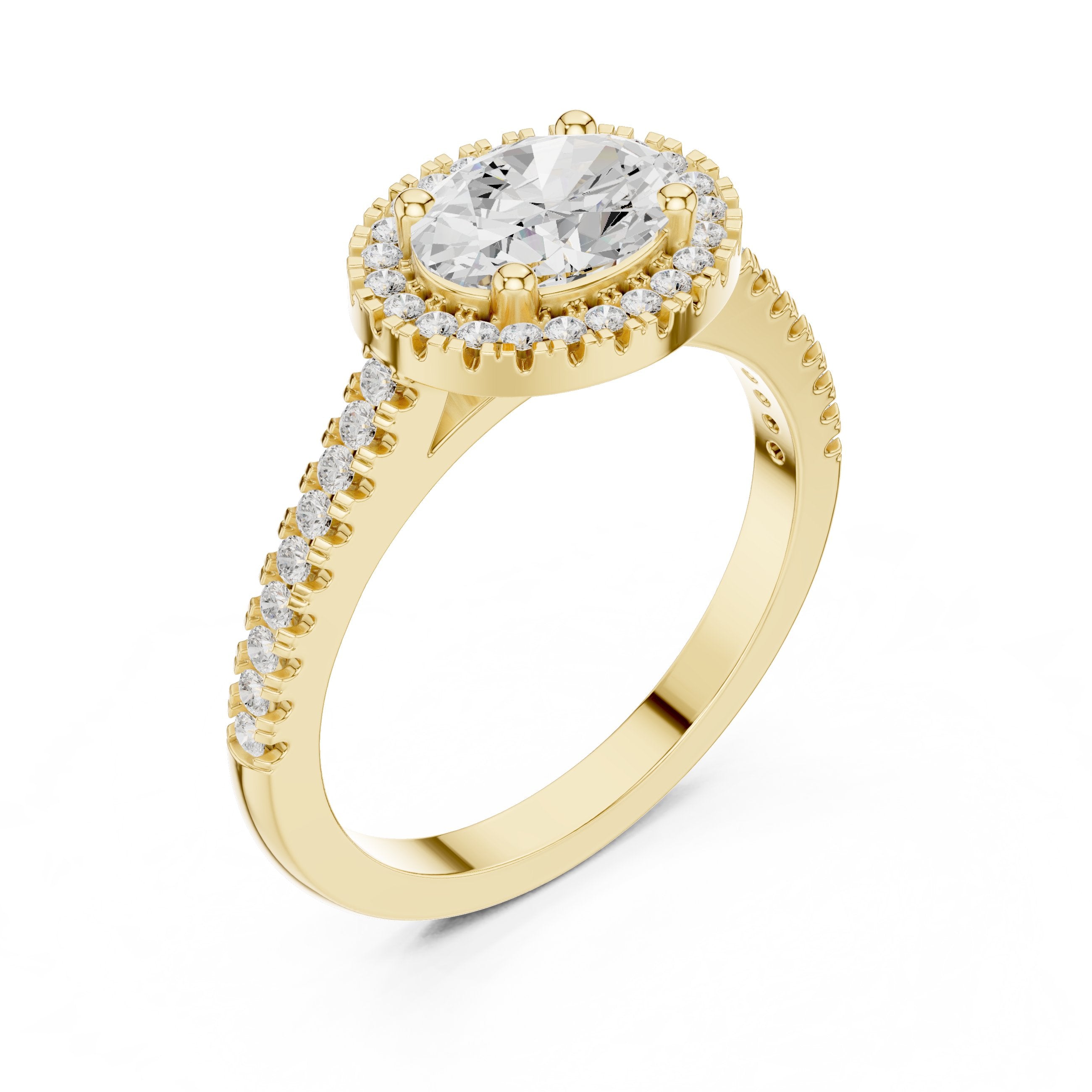 Oval Diamond Halo Engagement Ring with Milgrain Band in Yellow Gold - VYKA Diamonds