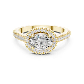 Oval Diamond Halo Engagement Ring with Milgrain Band
