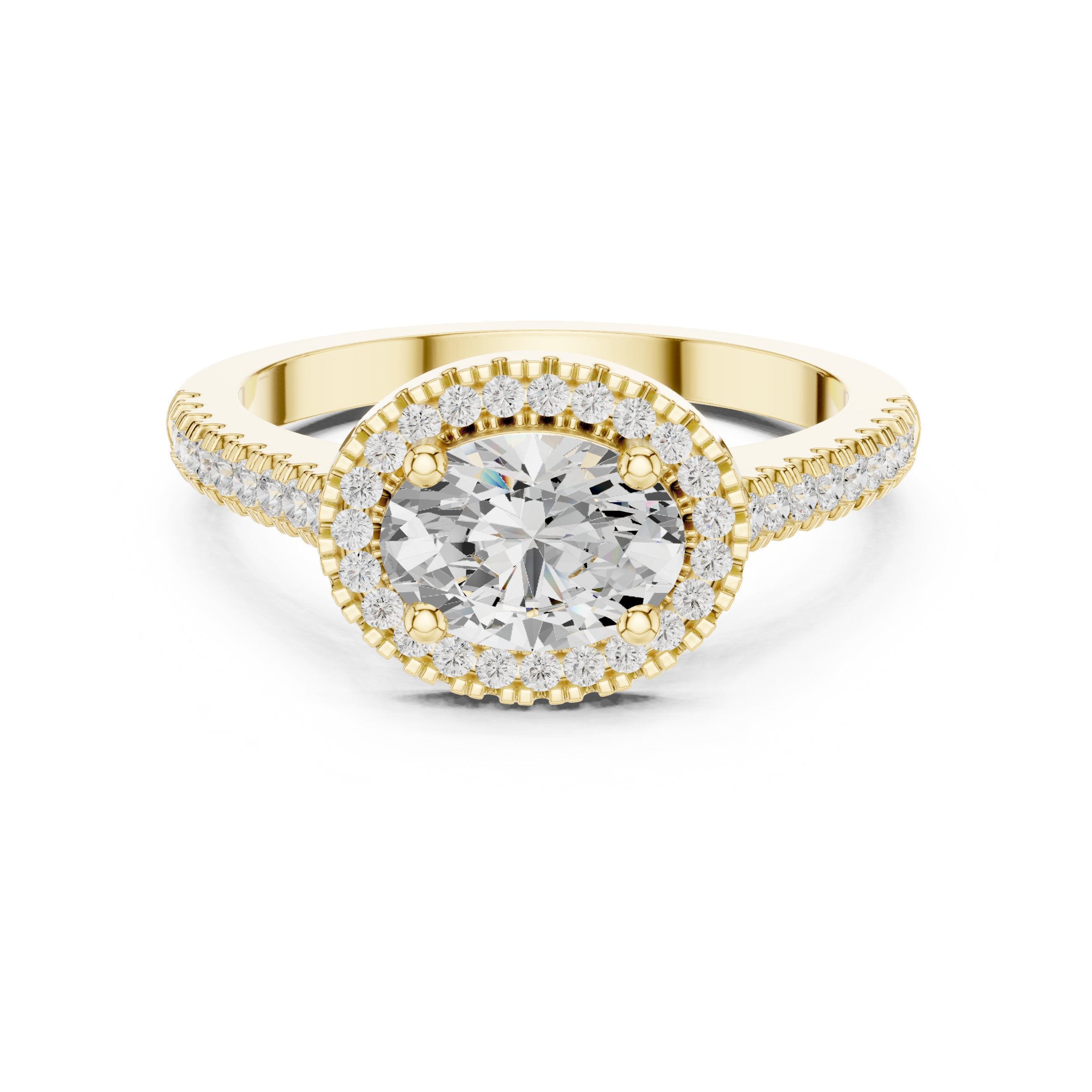 Oval Diamond Halo Engagement Ring with Milgrain Band in Yellow Gold - VYKA Diamonds