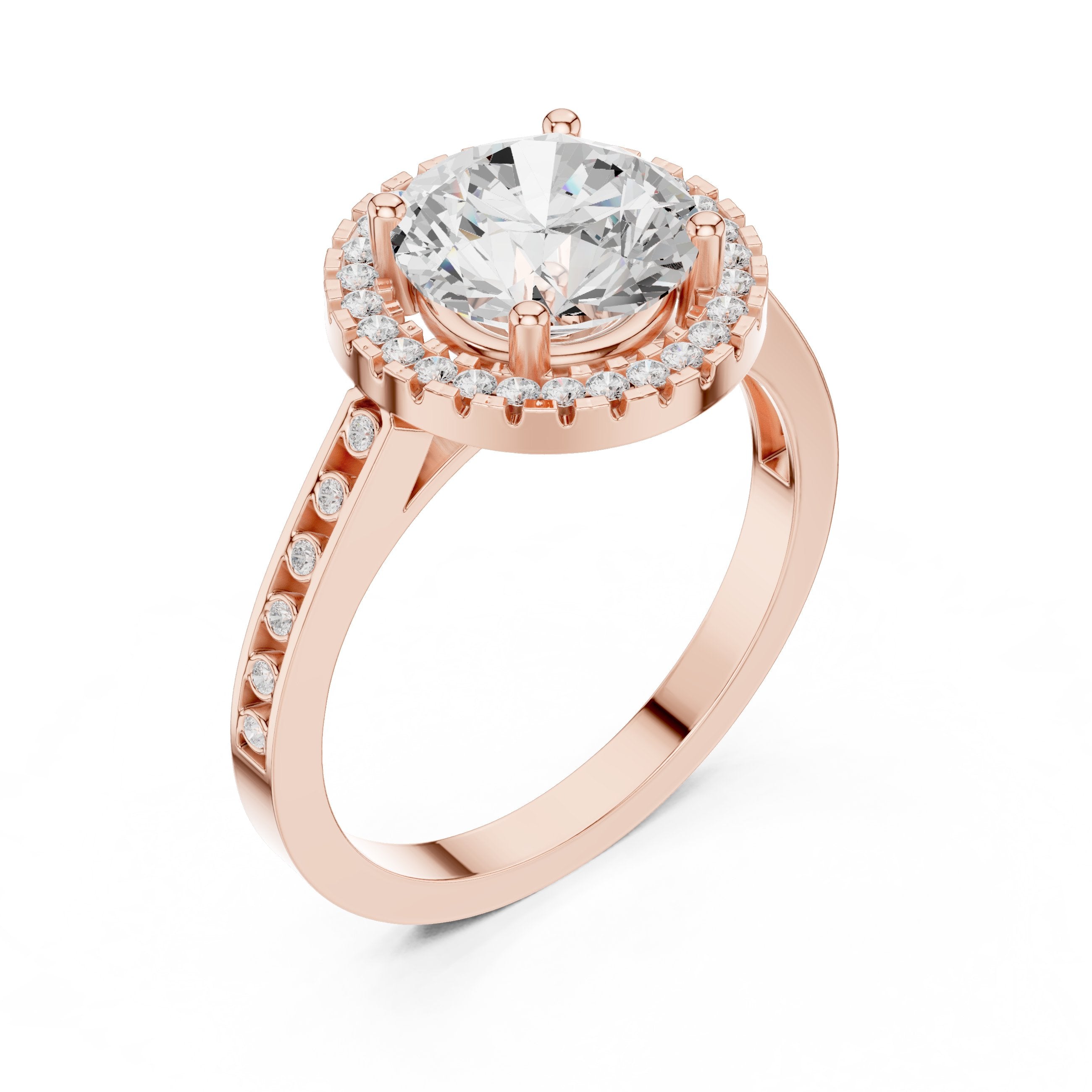 Round Diamond Halo Engagement Ring with Pavé Band in Rose Gold - VYKA Diamonds