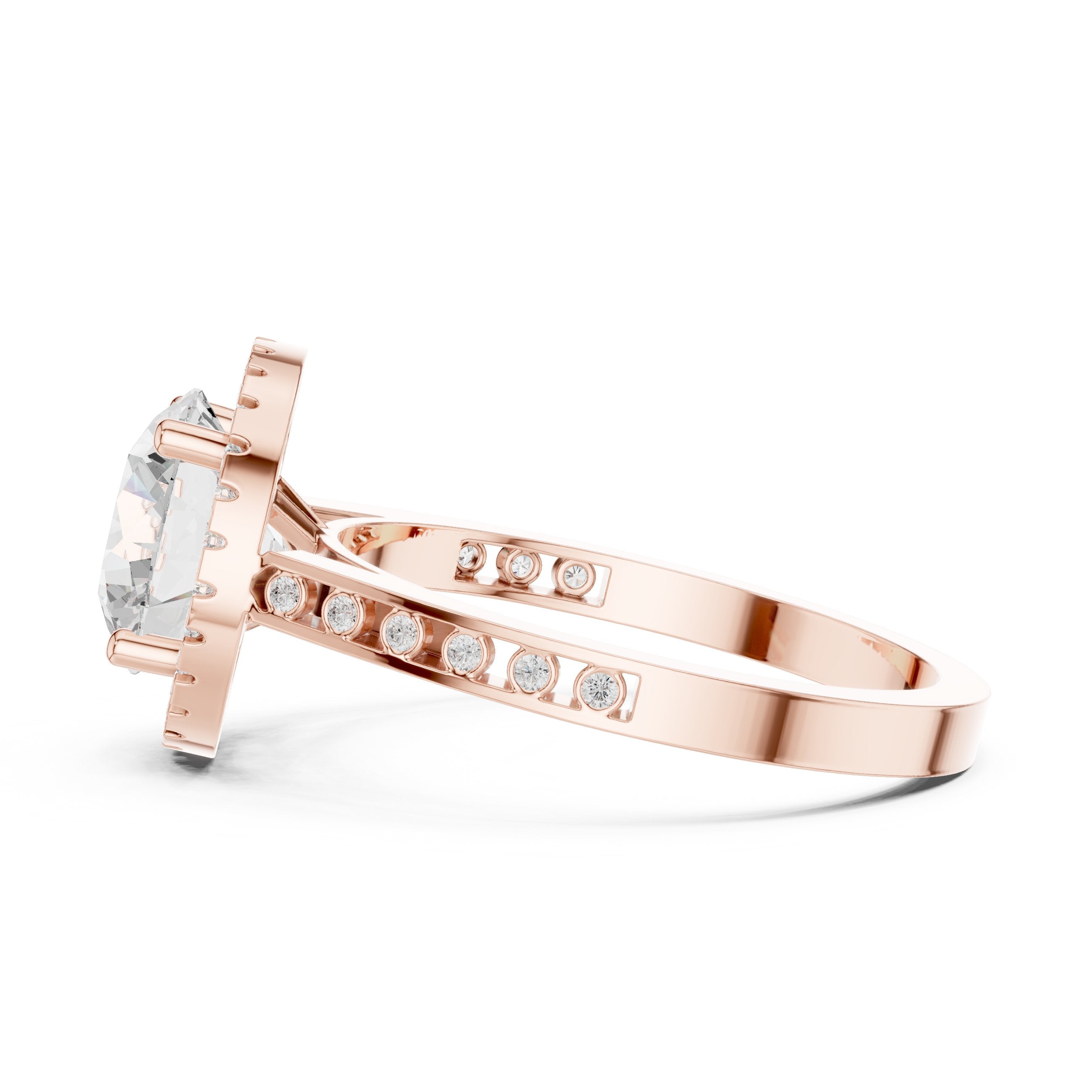 Round Diamond Halo Engagement Ring with Pavé Band in Rose Gold - VYKA Diamonds
