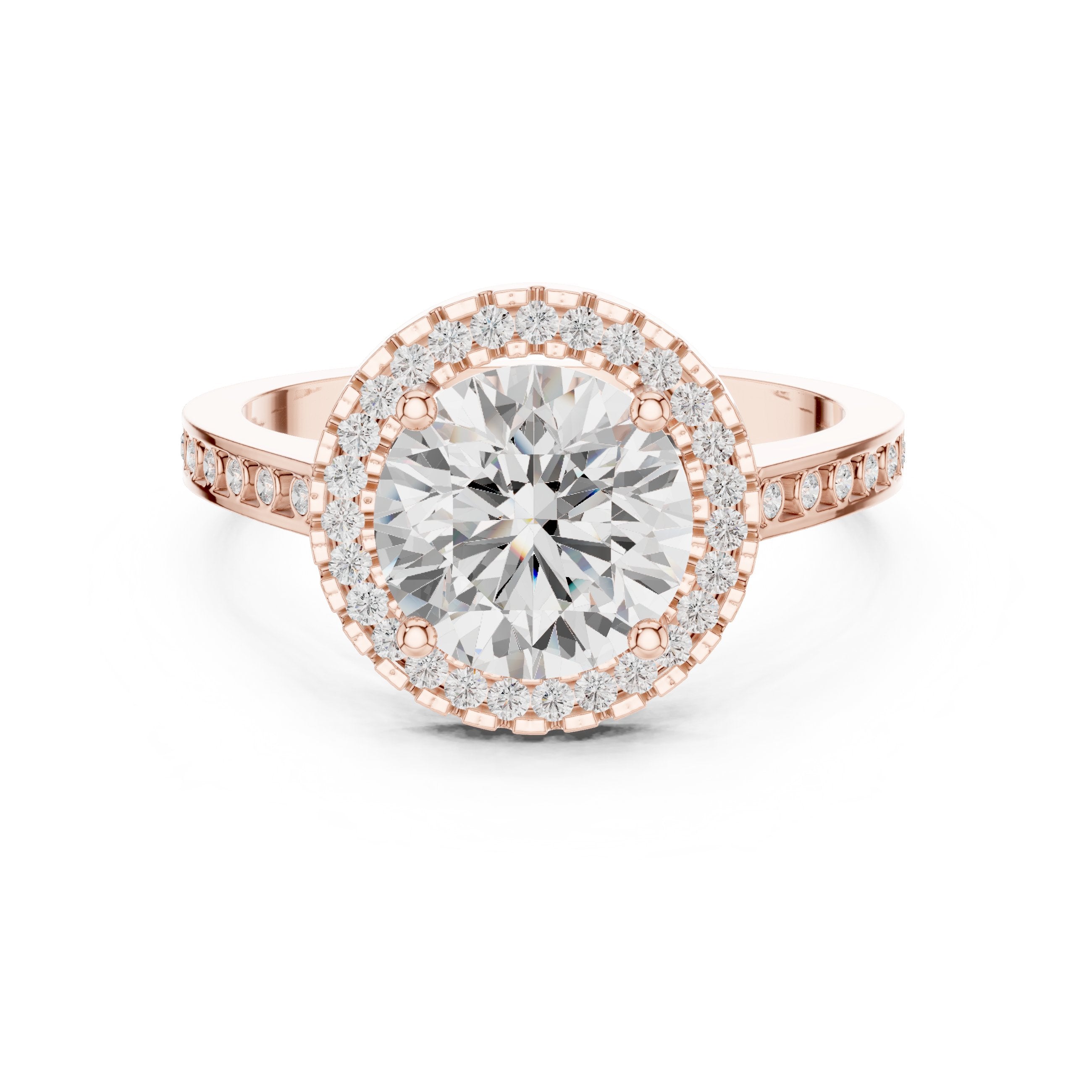 Round Diamond Halo Engagement Ring with Pavé Band in Rose Gold - VYKA Diamonds