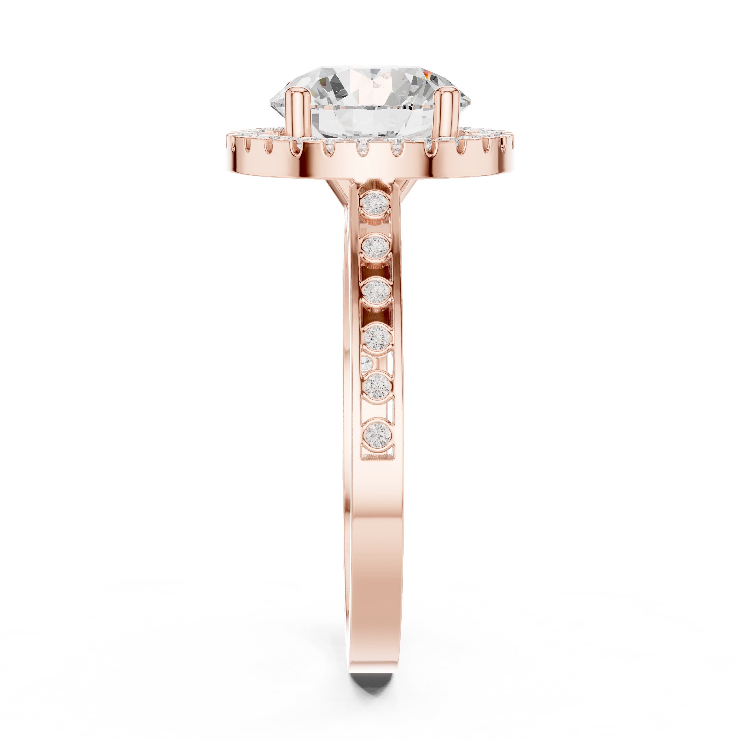 Round Diamond Halo Engagement Ring with Pavé Band