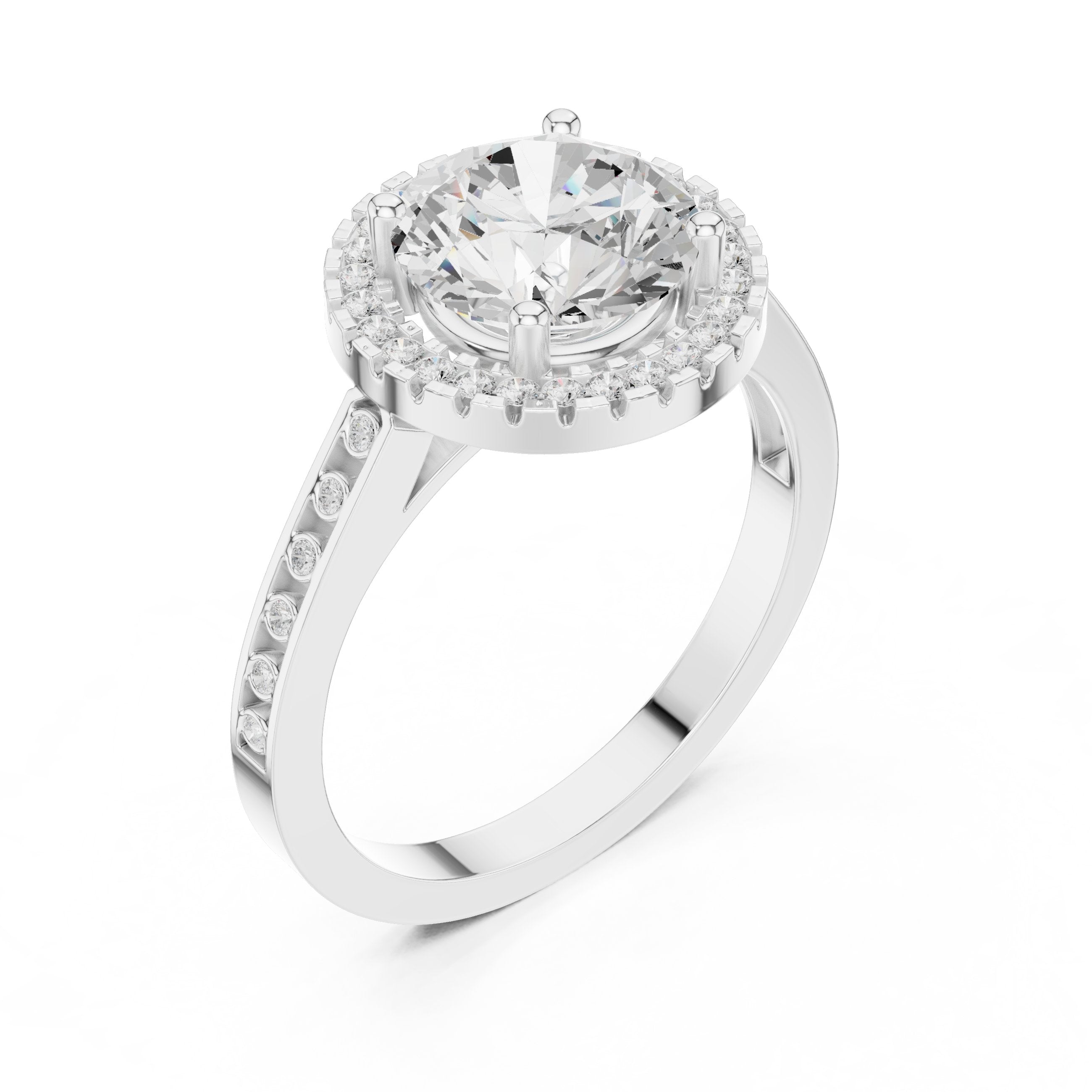 Round Diamond Halo Engagement Ring with Pavé Band in White Gold - VYKA Diamonds