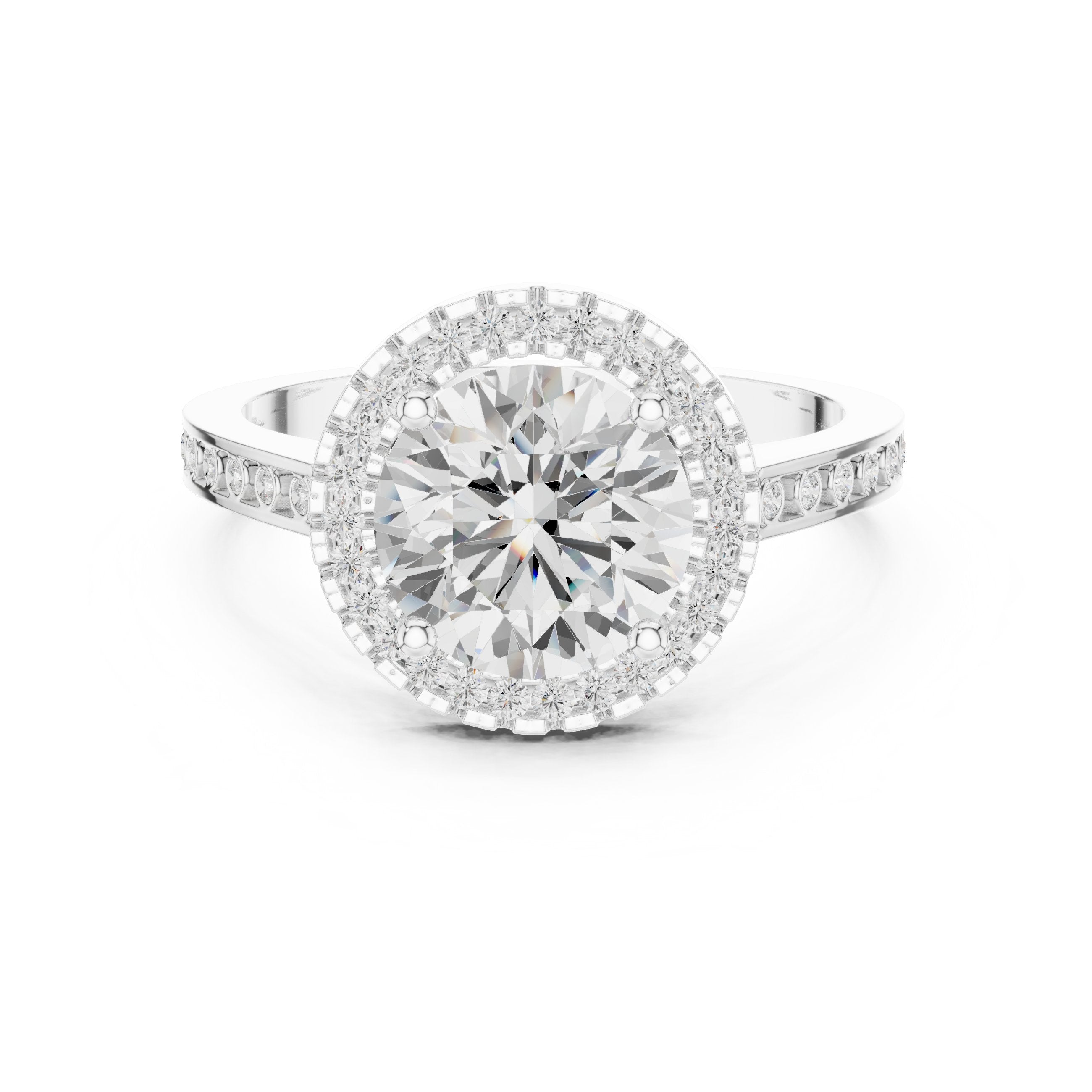 Round Diamond Halo Engagement Ring with Pavé Band in White Gold - VYKA Diamonds