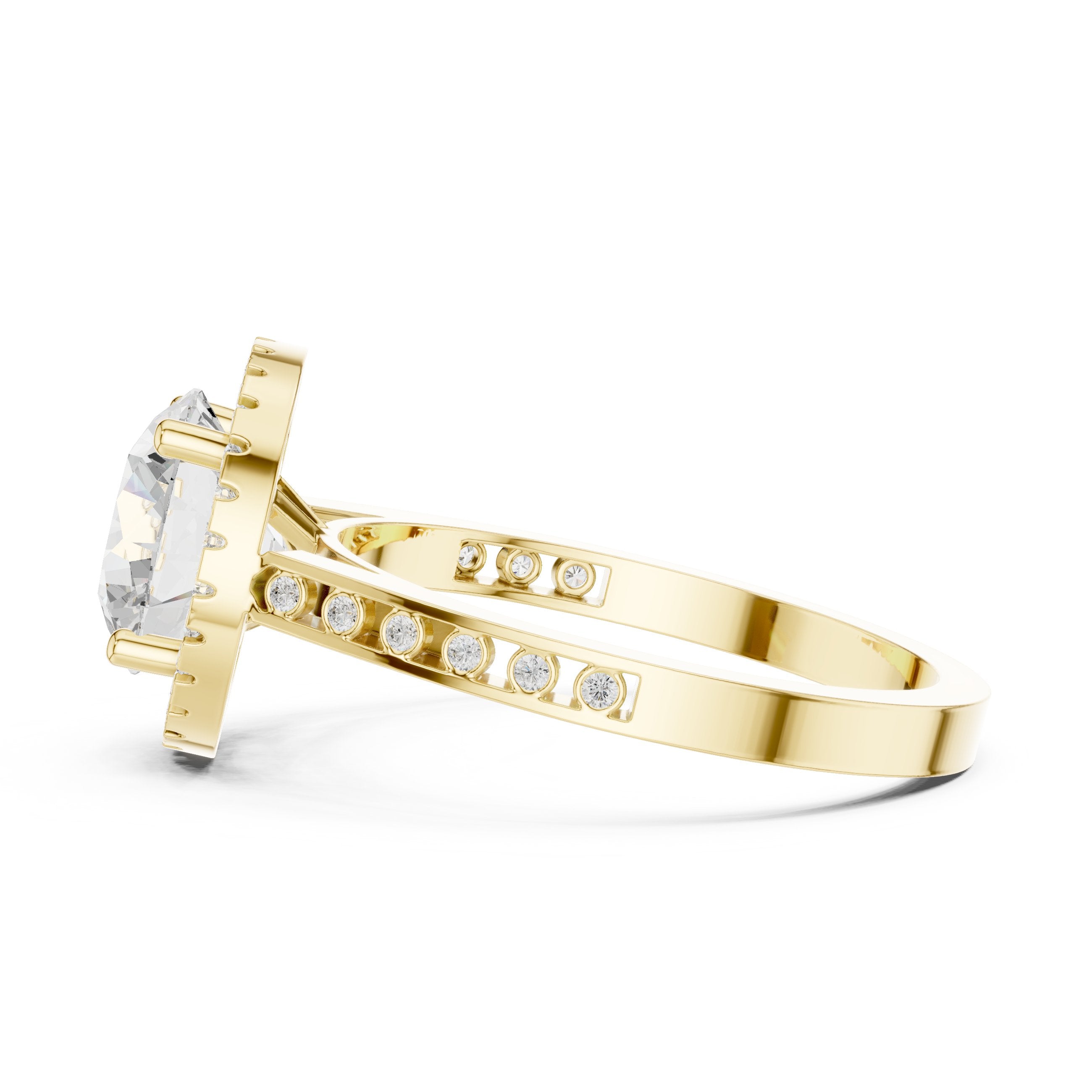 Round Diamond Halo Engagement Ring with Pavé Band in Yellow Gold - VYKA Diamonds
