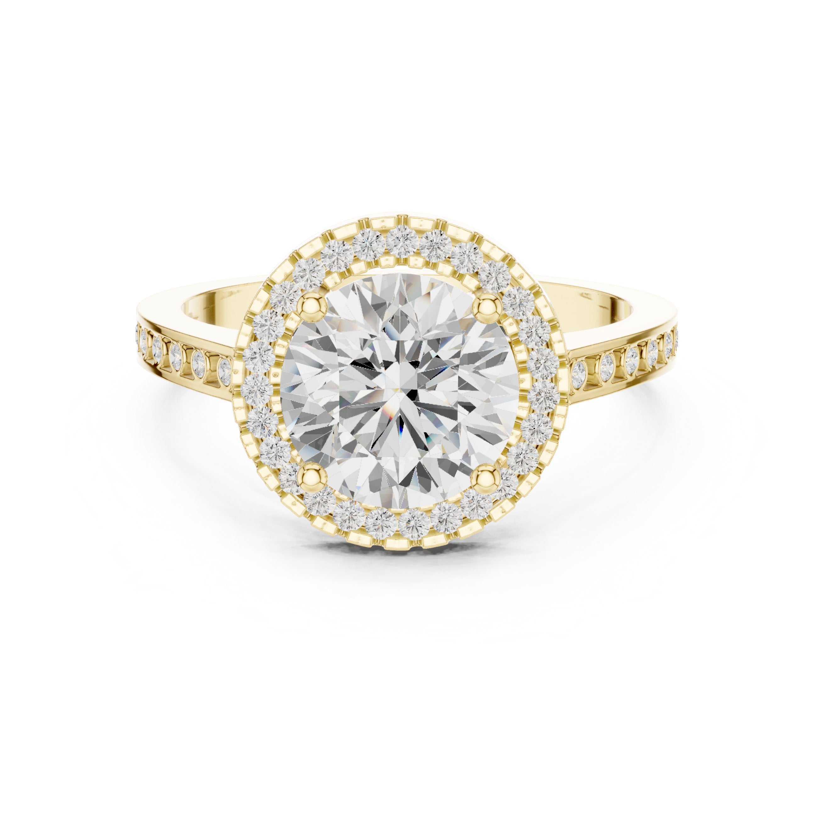 Round Diamond Halo Engagement Ring with Pavé Band in Yellow Gold - VYKA Diamonds