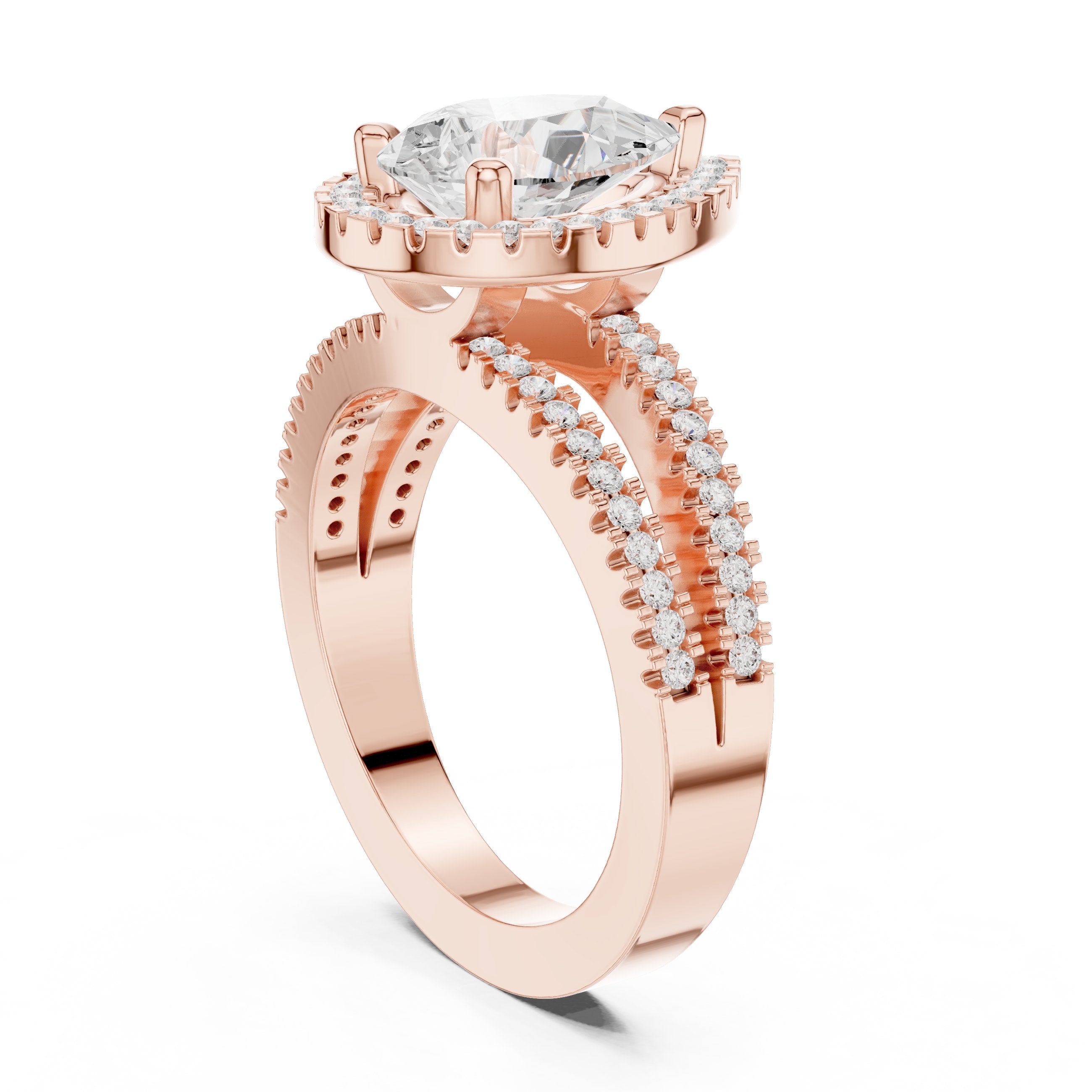 Pear Diamond Halo Engagement Ring with Split Shank Pavé Band in Rose Gold - VYKA Diamonds