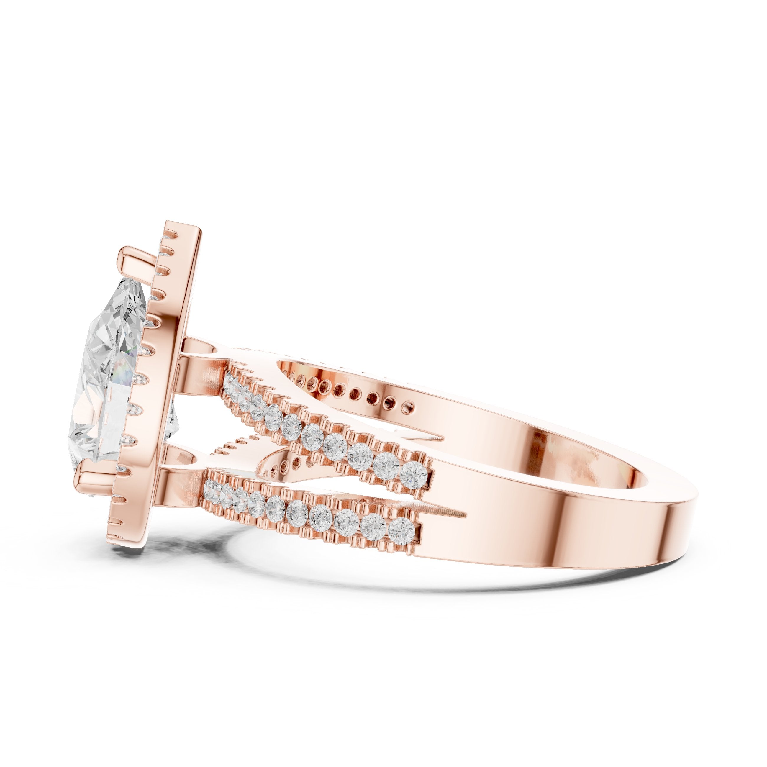 Pear Diamond Halo Engagement Ring with Split Shank Pavé Band in Rose Gold - VYKA Diamonds