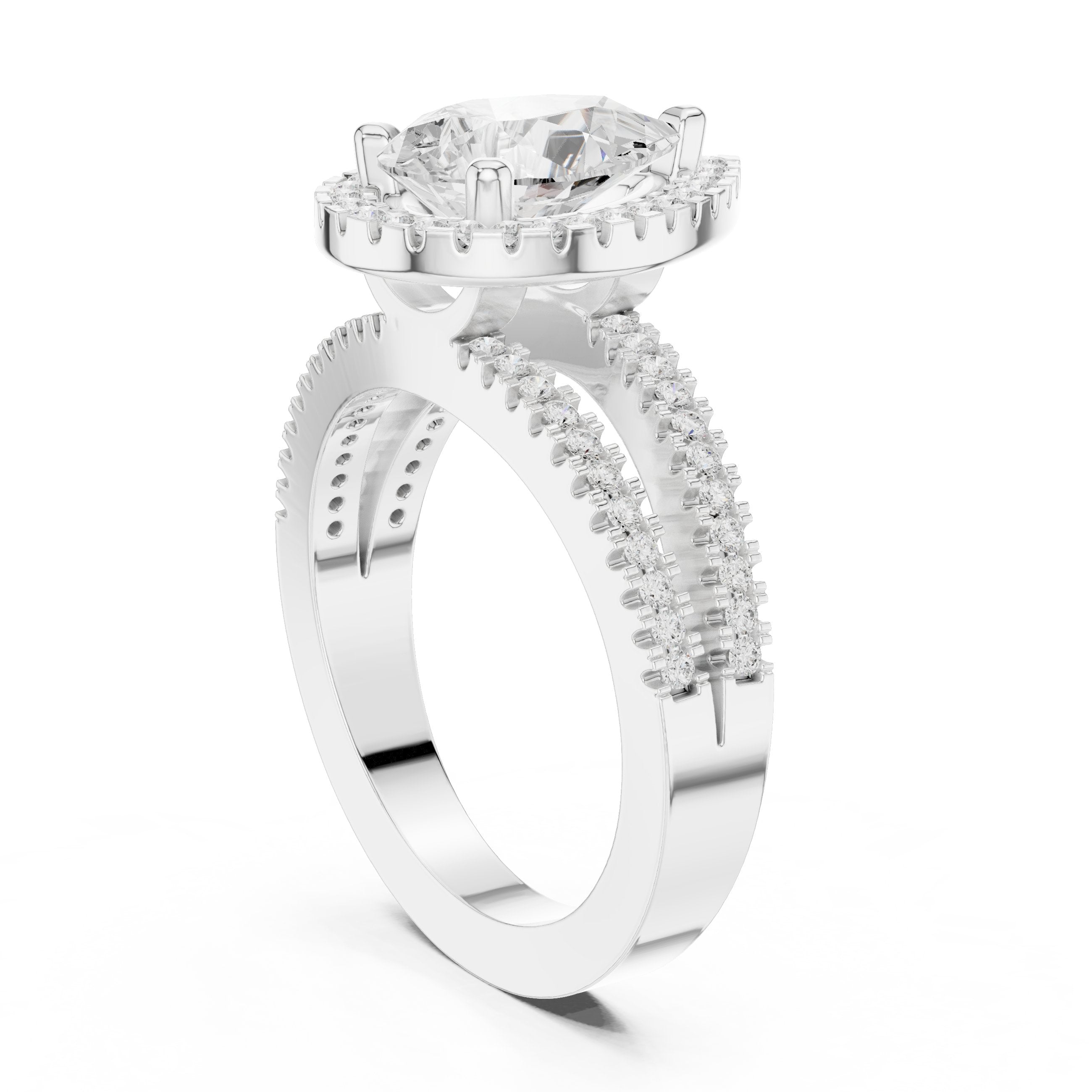 Pear Diamond Halo Engagement Ring with Split Shank Pavé Band in White Gold - VYKA Diamonds