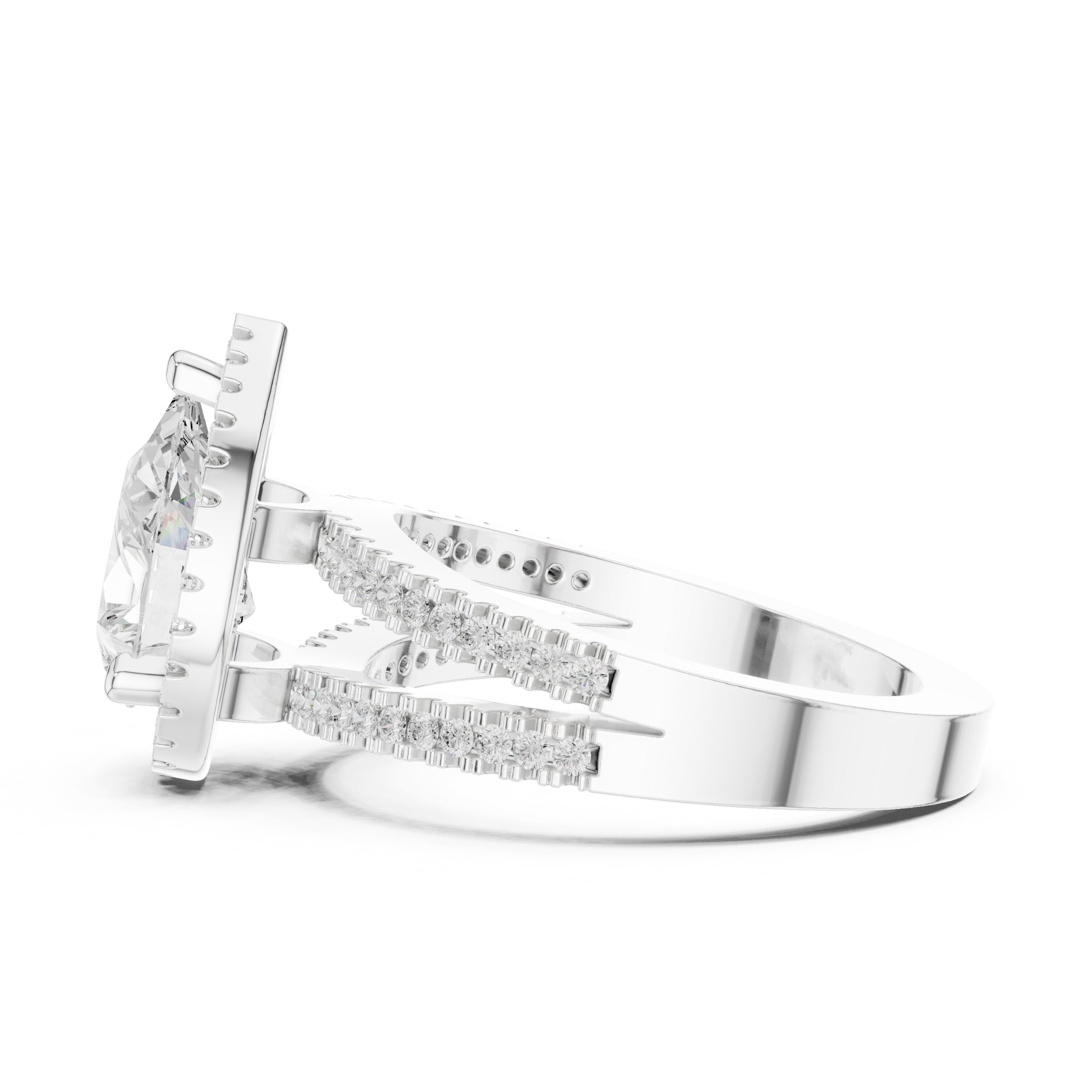 Pear Diamond Halo Engagement Ring with Split Shank Pavé Band in White Gold - VYKA Diamonds