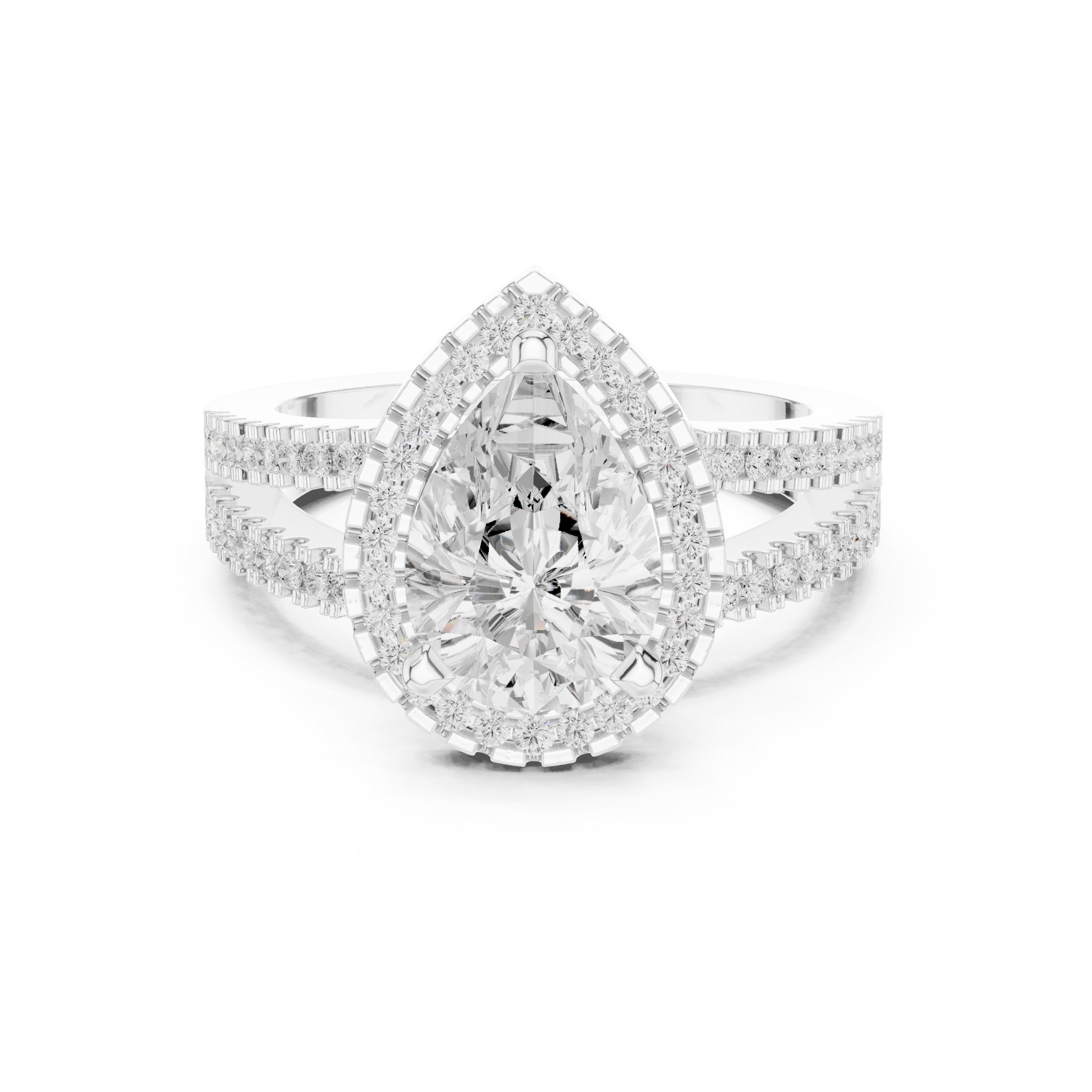 Pear Diamond Halo Engagement Ring with Split Shank Pavé Band in White Gold - VYKA Diamonds